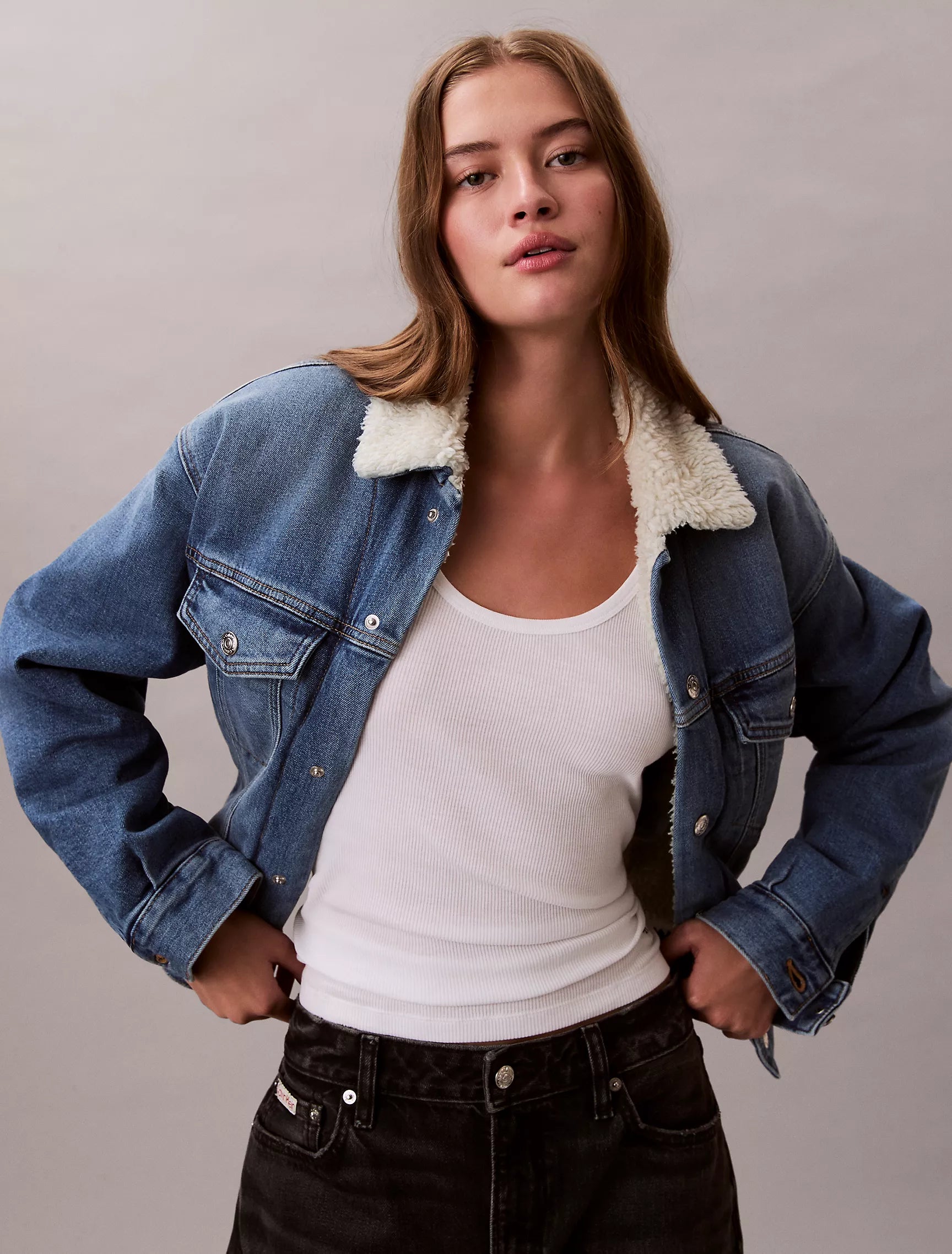 Calvin Klein WOMENS' Denim Sherpa Trucker Jacket