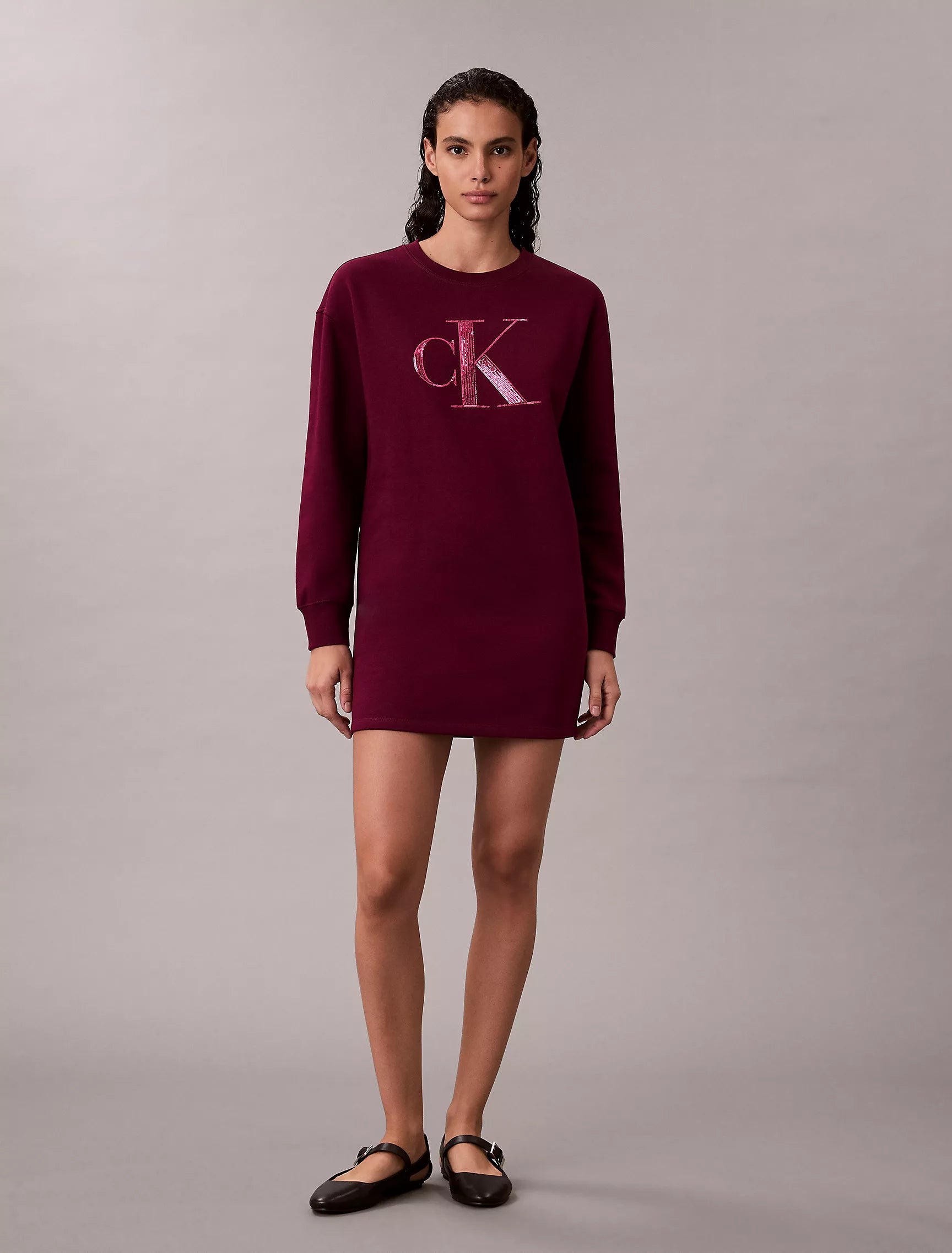 Calvin Klein Womens' Fleece Sequin Monogram Mini Sweatshirt Dress Berry Glaze