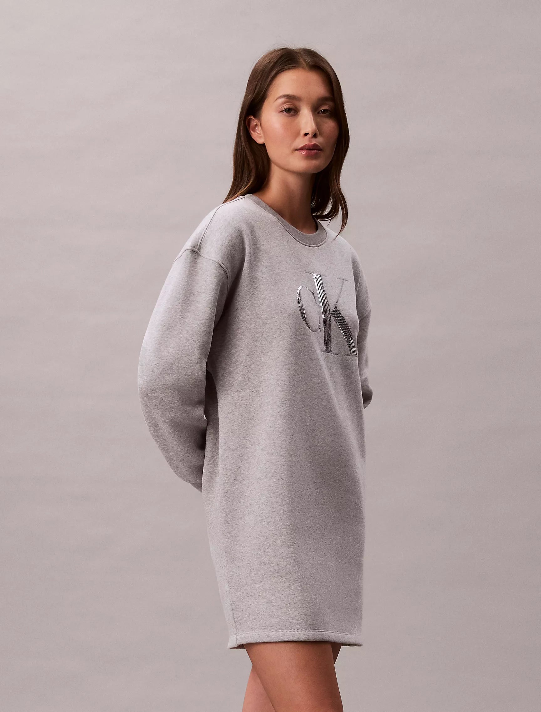 Calvin Klein Womens' Fleece Sequin Monogram Mini Sweatshirt Dress Grey Heather