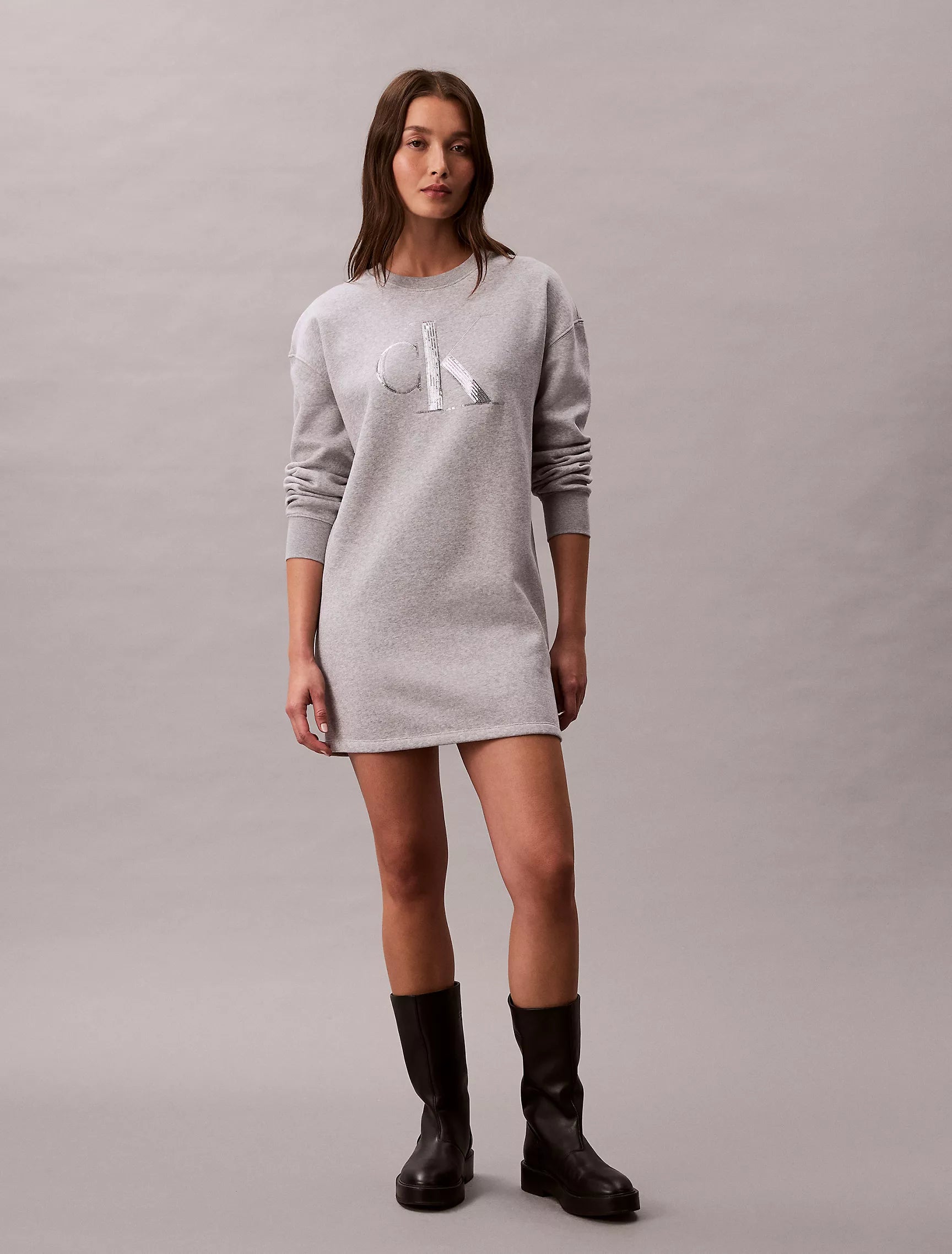 Calvin Klein Womens' Fleece Sequin Monogram Mini Sweatshirt Dress Grey Heather