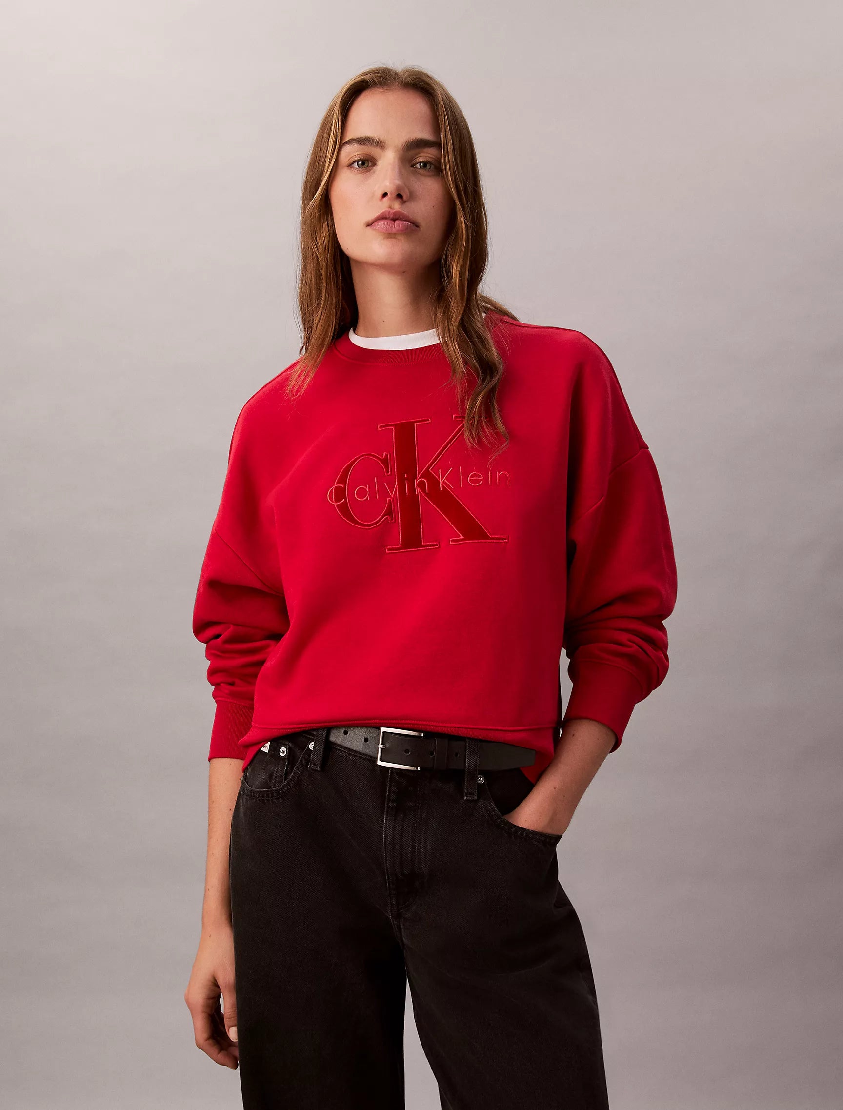 Womens' Calvin Klein Fleece Velvet Monologo Graphic Relaxed Sweatshirt Scarlet Sage