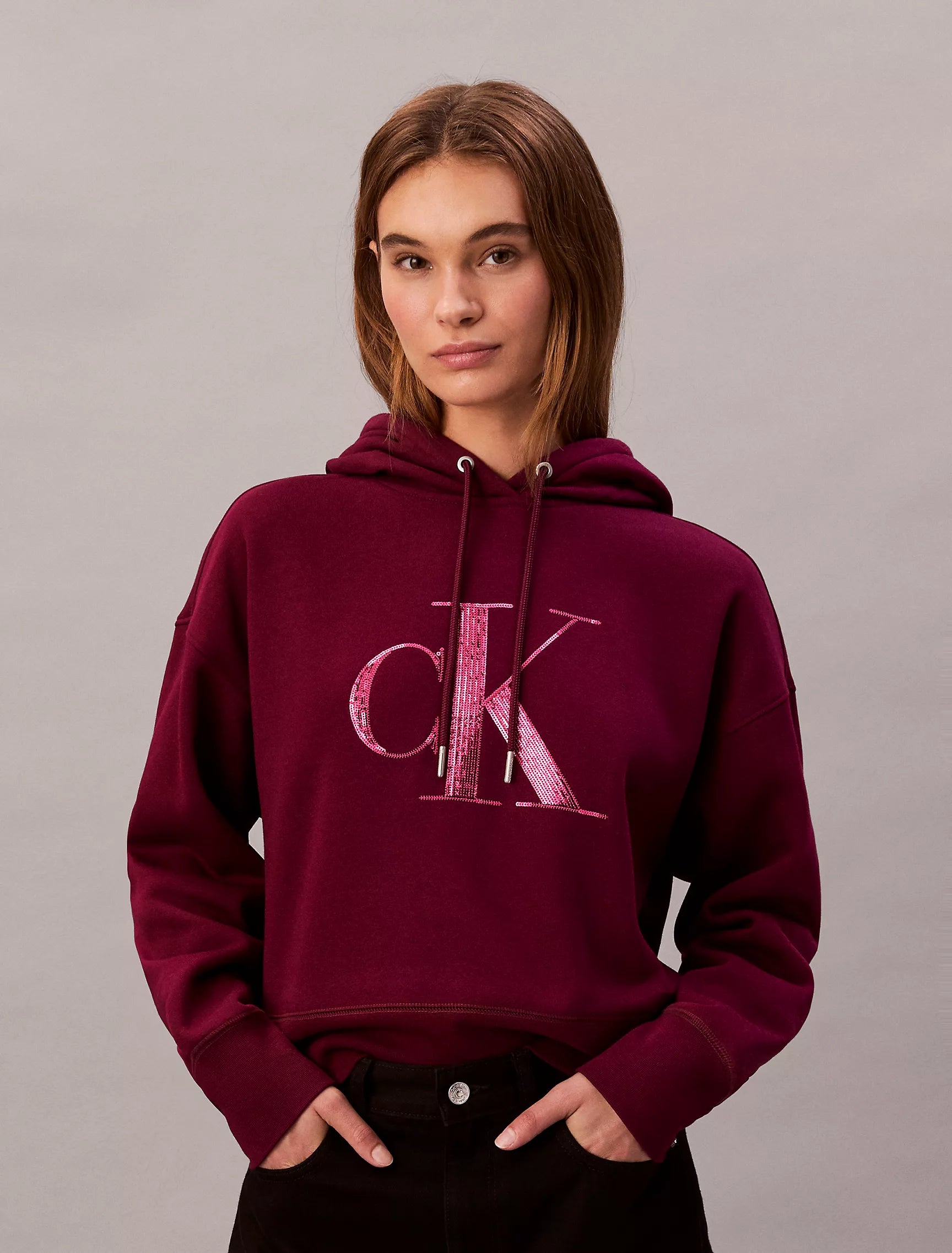 Womens' Calvin Klein Fleece Sequin Monogram Relaxed Hoodie Berry Glaze