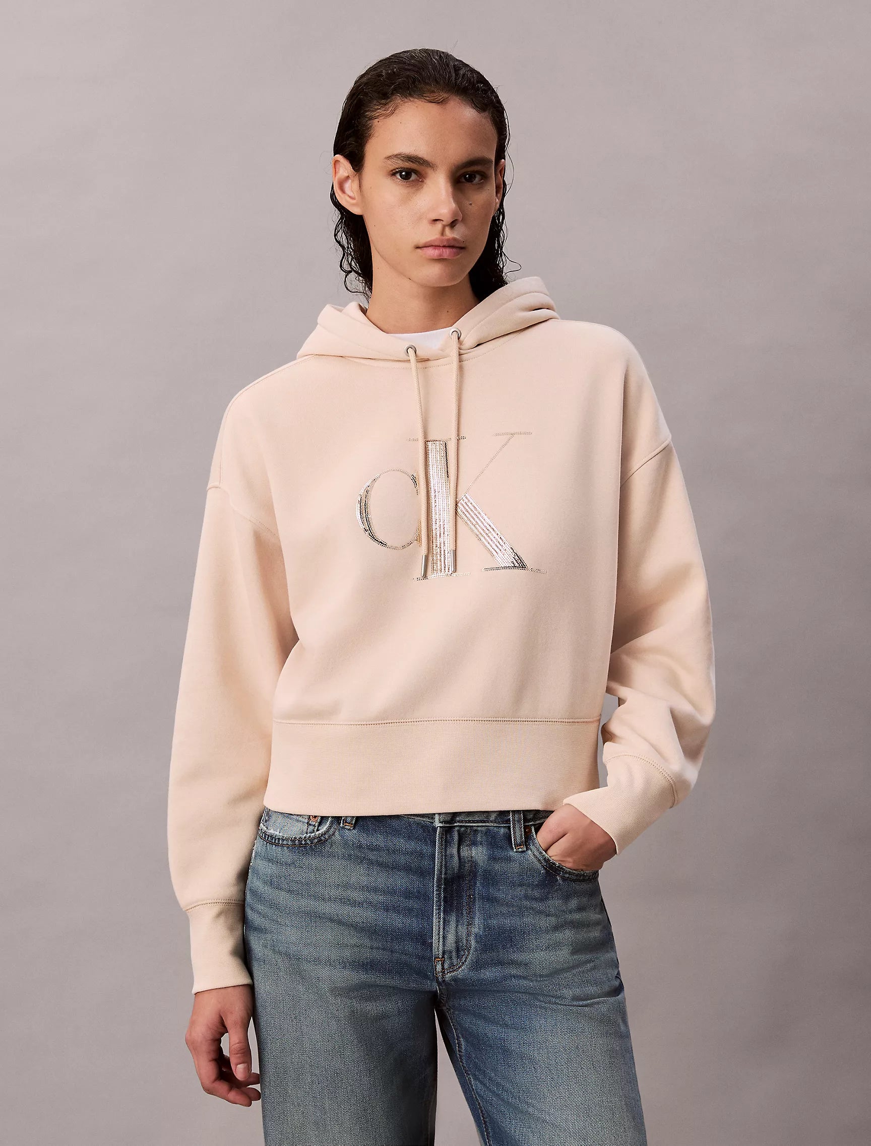Womens' Calvin Klein Fleece Sequin Monogram Relaxed Hoodie Tuscan Beige