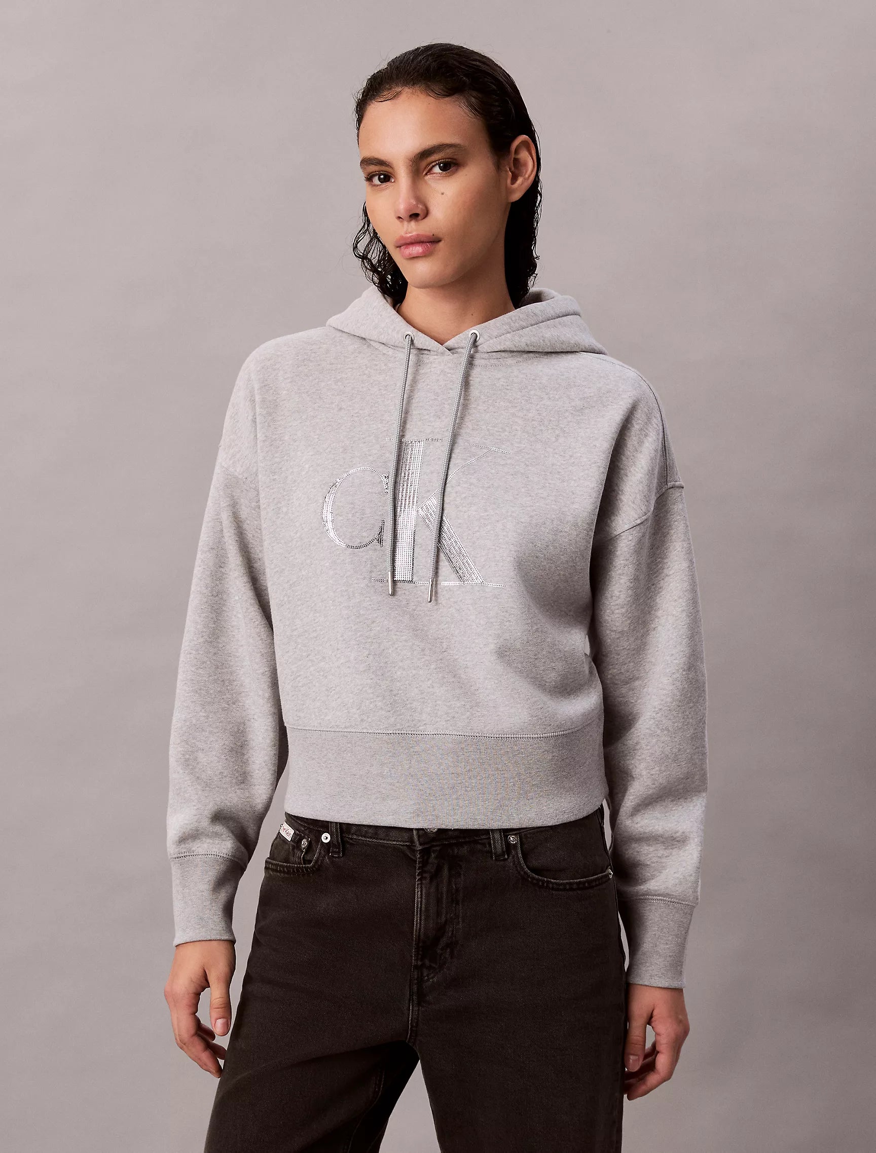Womens' Calvin Klein Fleece Sequin Monogram Relaxed Hoodie Grey Heather