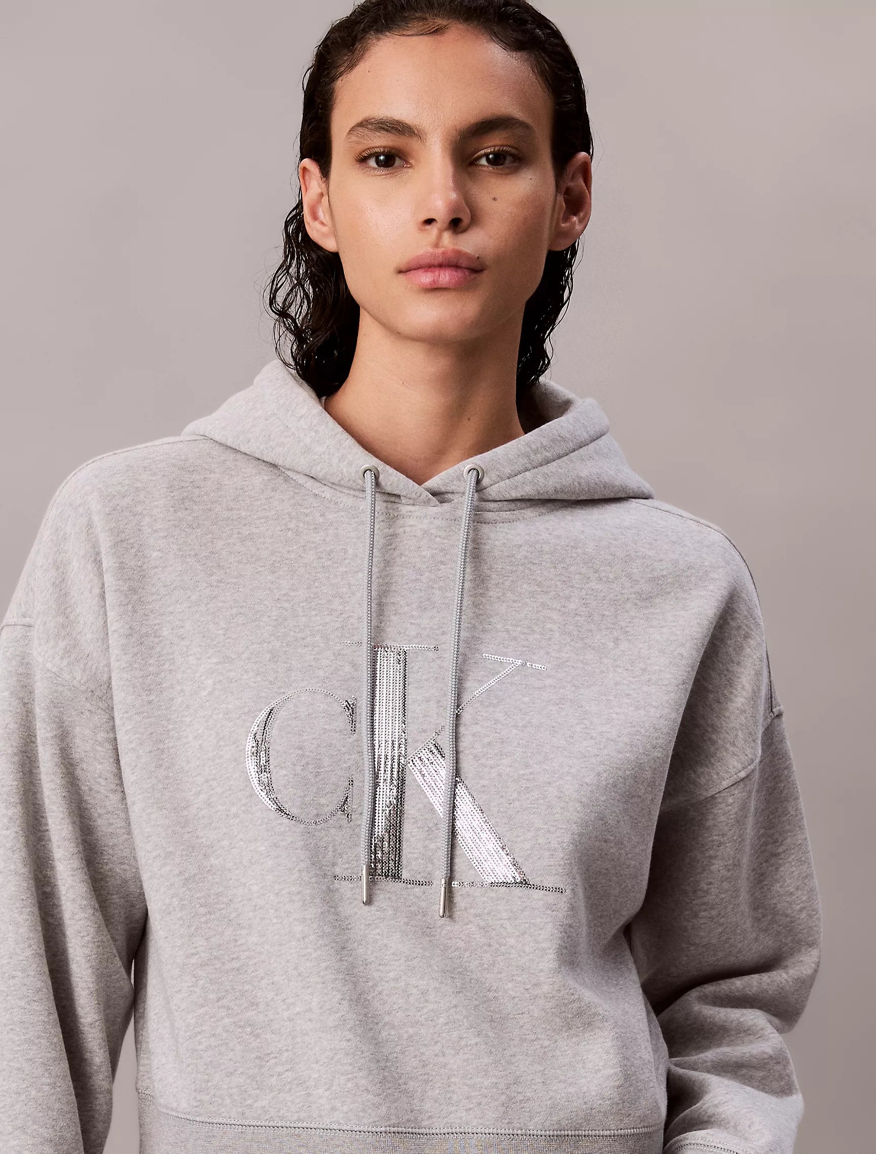 Womens' Calvin Klein Fleece Sequin Monogram Relaxed Hoodie Grey Heather