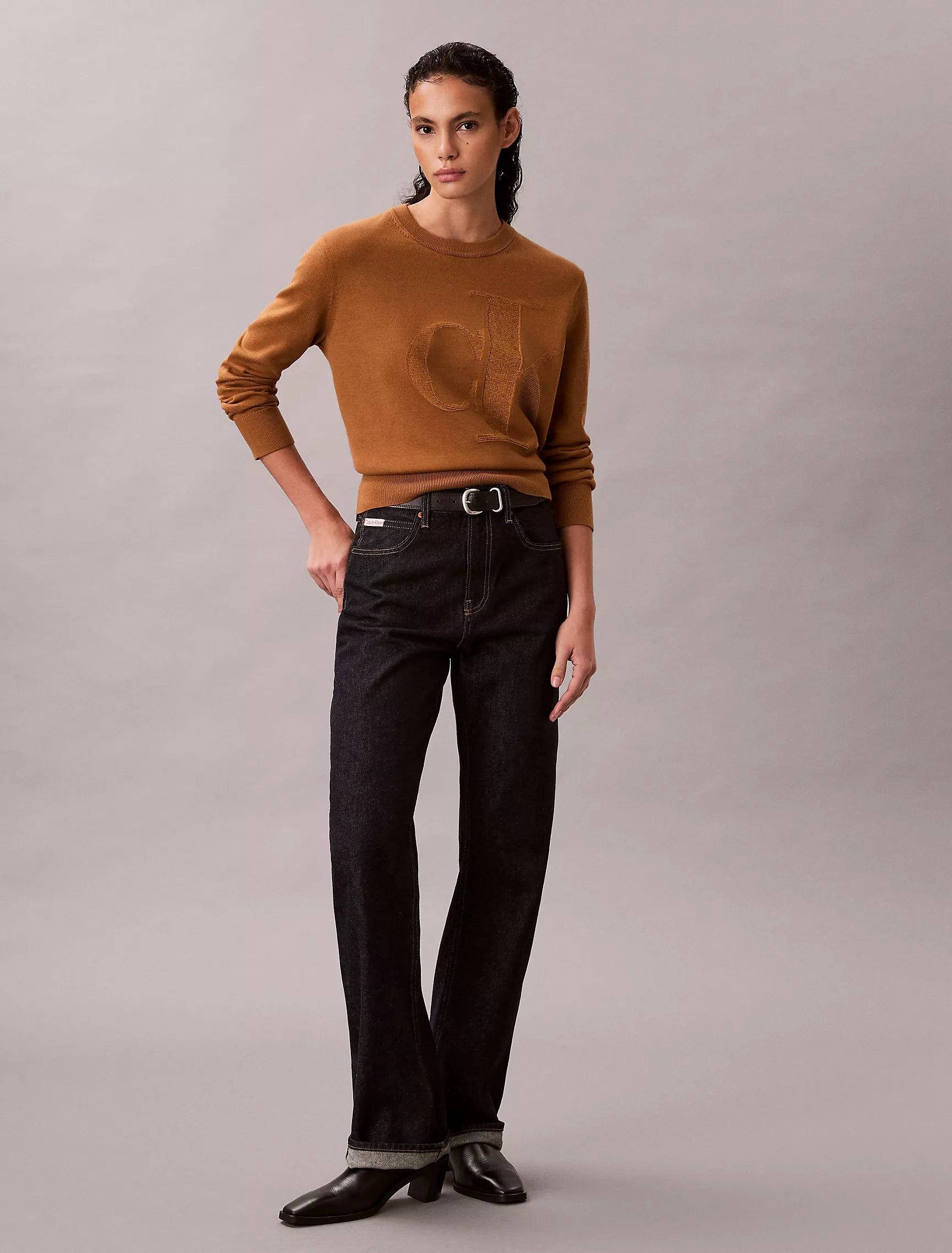 Womens' Calvin Klein Smooth Cotton Chenille Monogram Sweater Driftwood Brown