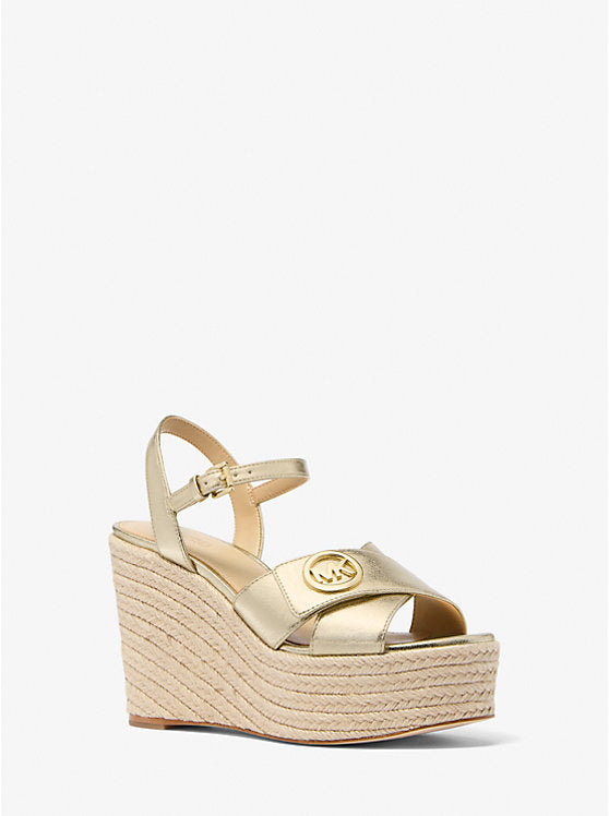 Michael Kors Womens' Hannah Metallic Nylon Blend Wedge Sandal PALE GOLD