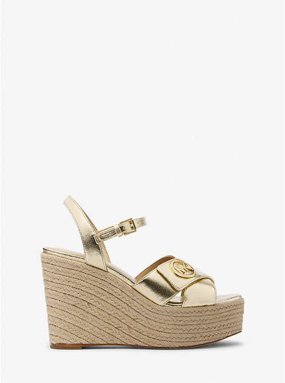 Michael Kors Womens' Hannah Metallic Nylon Blend Wedge Sandal PALE GOLD