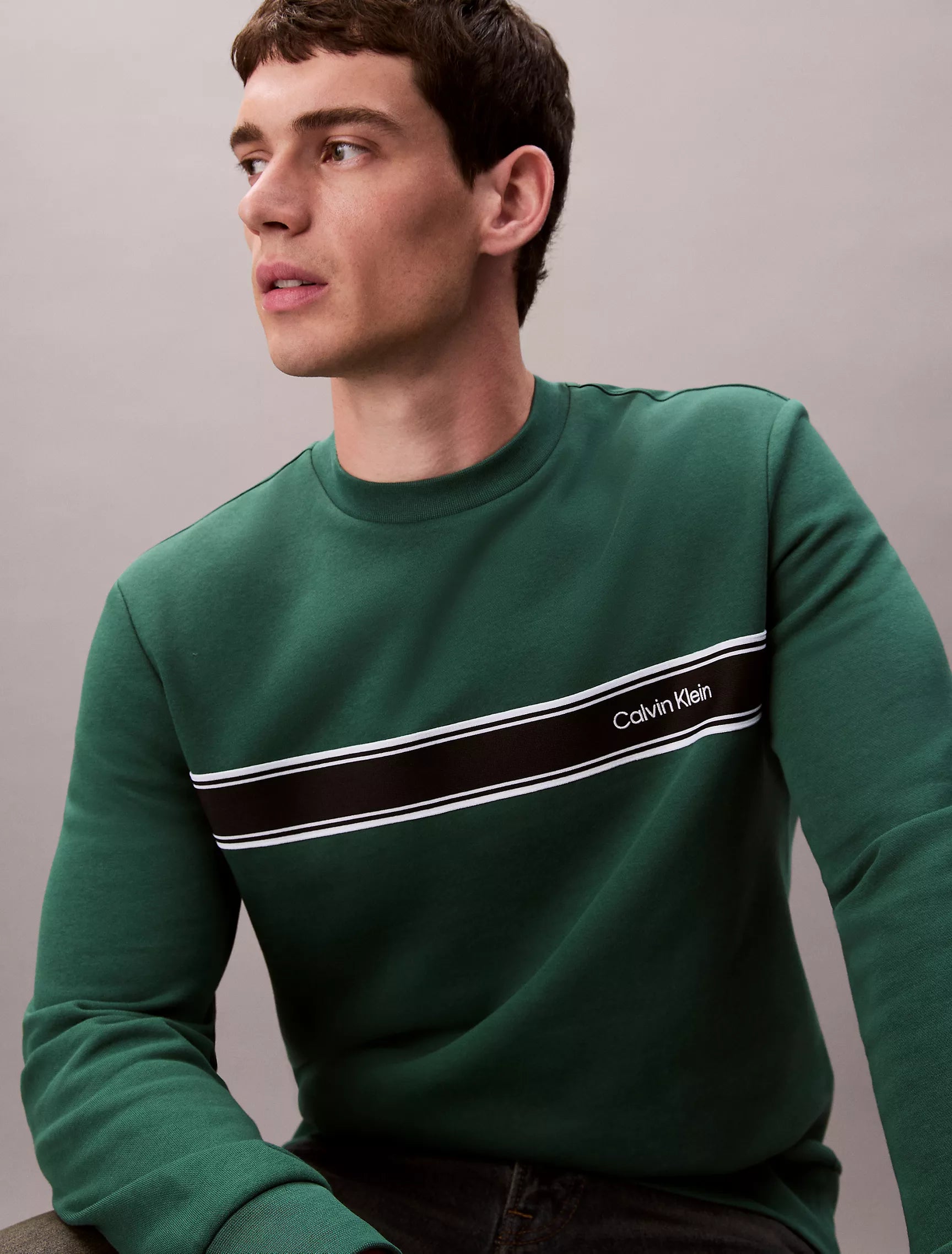 Calvin Klein Mens' Fleece Stripe Classic Sweatshirt Hunter Green