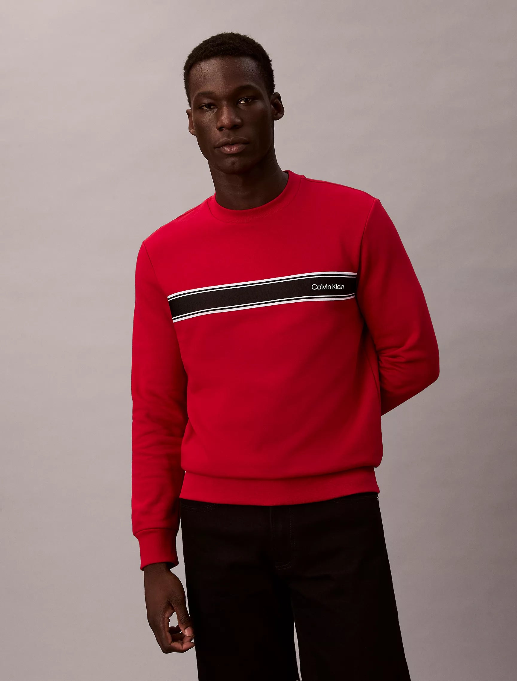 Calvin Klein Mens' Fleece Stripe Classic Sweatshirt Chilli Pepper