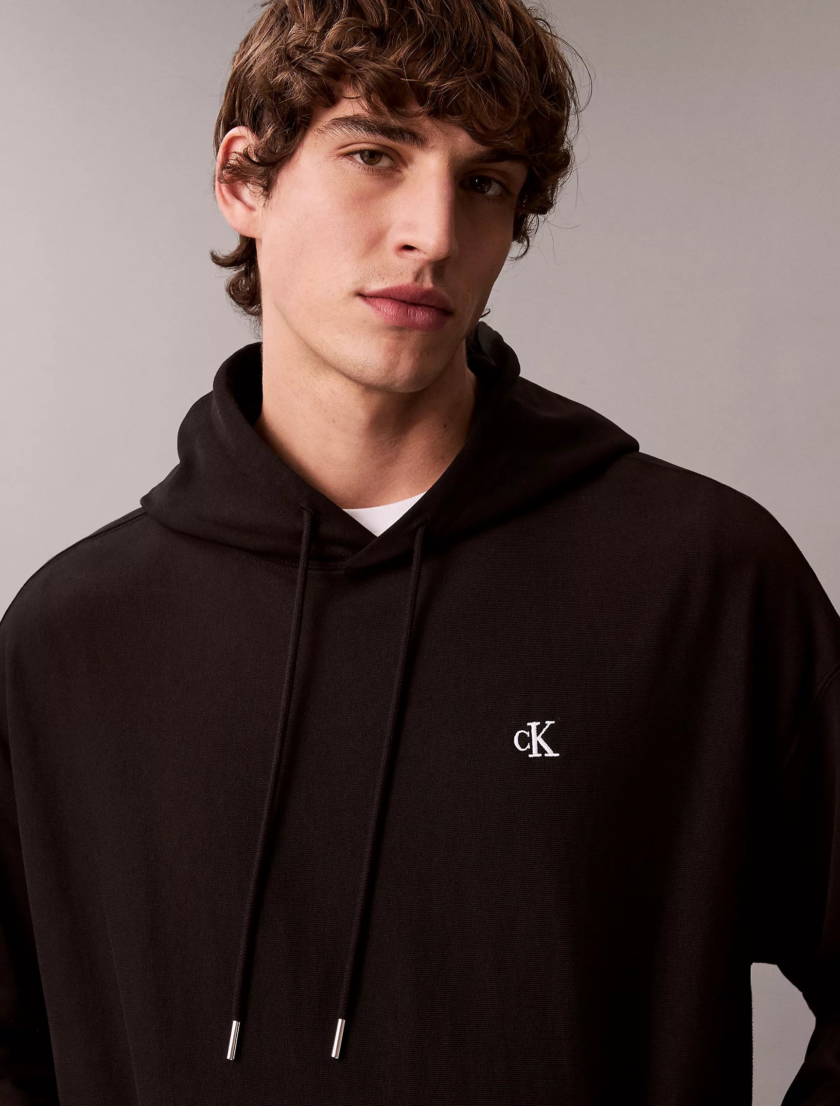 CALVIN KLEIN Mens' Premium Terry Relaxed Monogram Fleece Hoodie Black