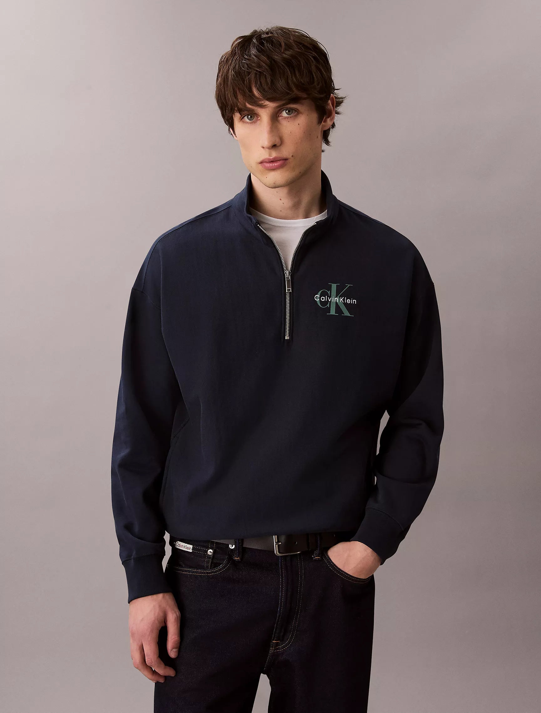 CALVIN KLEIN Mens' Monologo Premium Terry Quarter Zip Sweatshirt Dark Sapphire