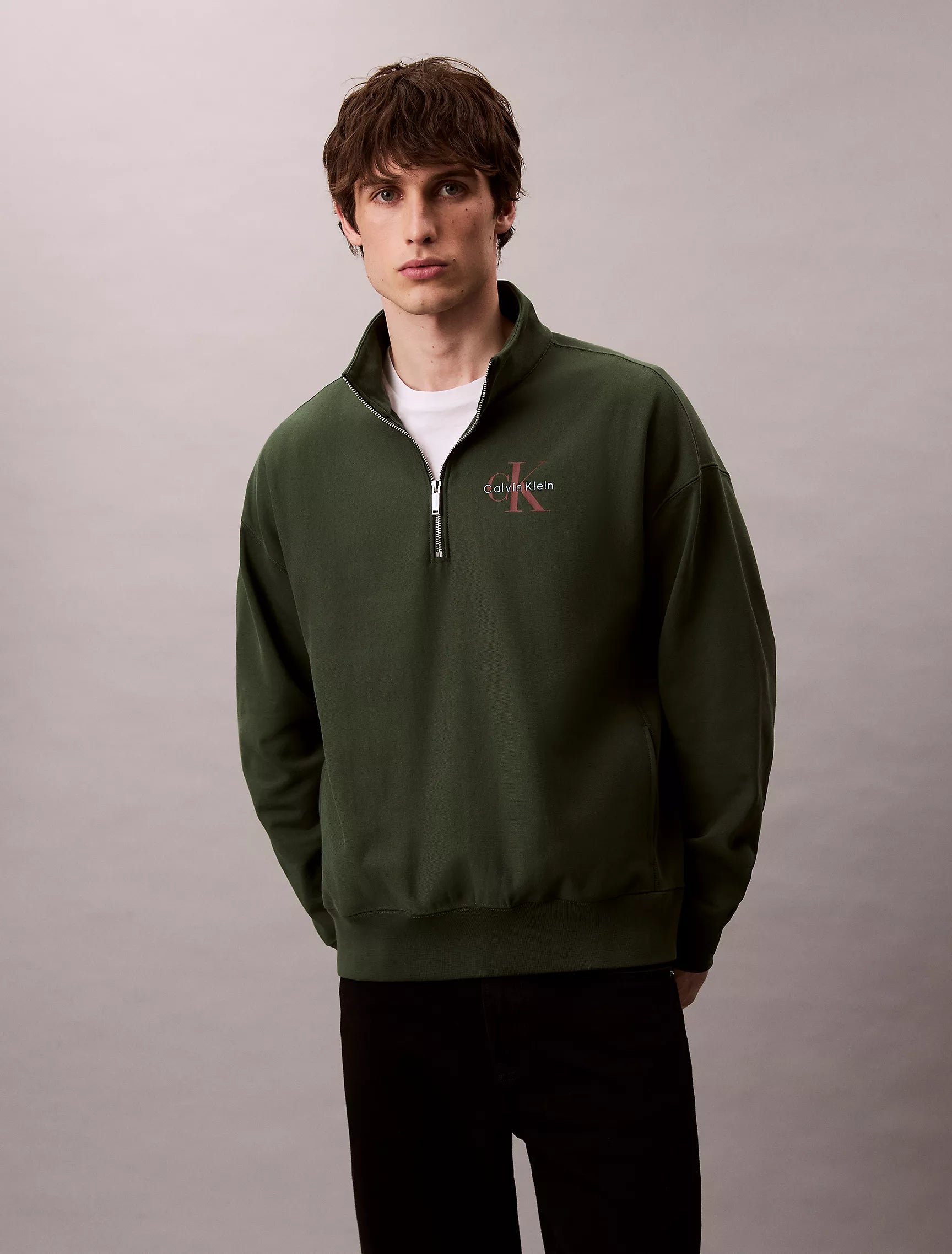 CALVIN KLEIN Mens' Monologo Premium Terry Quarter Zip Sweatshirt Sycamore