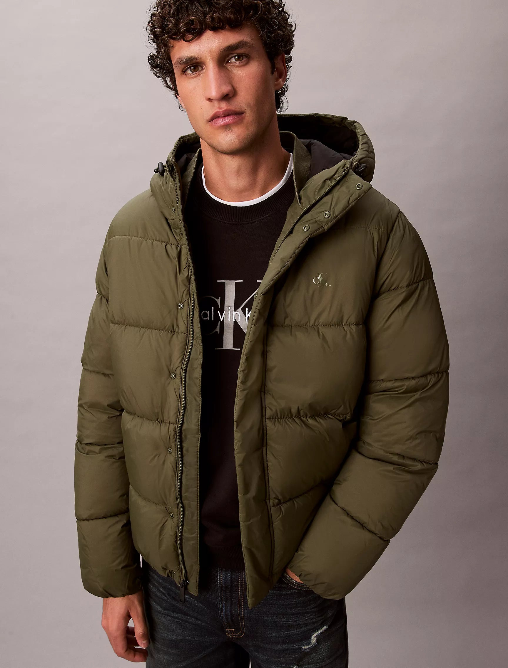 Calvin Klein Mens' Hooded Puffer Jacket Fatigue