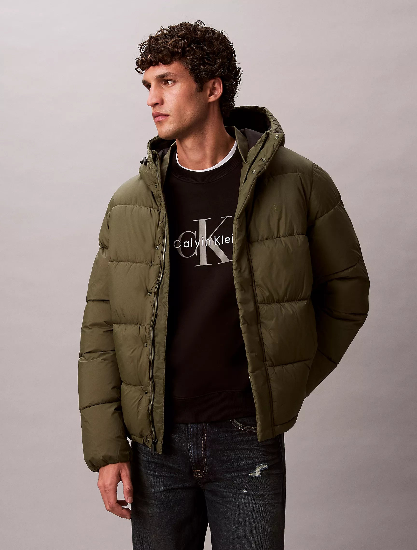 Calvin Klein Mens' Hooded Puffer Jacket Fatigue