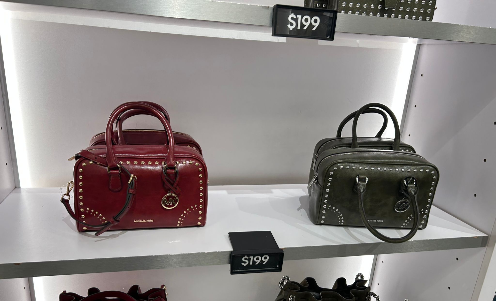 Michael Kors WOMENS' Thompson Medium Distressed Studded Satchel CHERRY