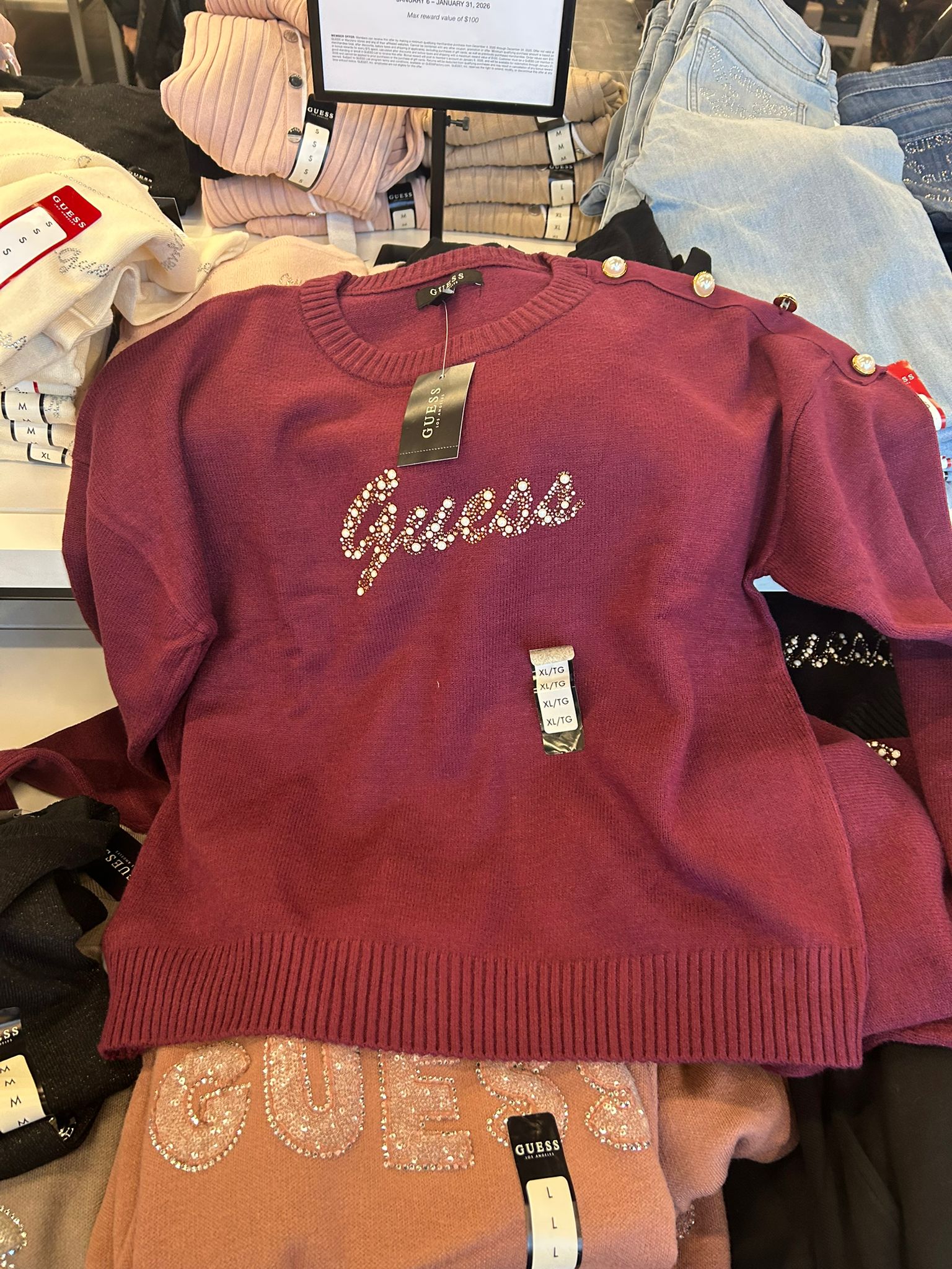 Womens' GUESS Erin Beaded Logo Sweater RED