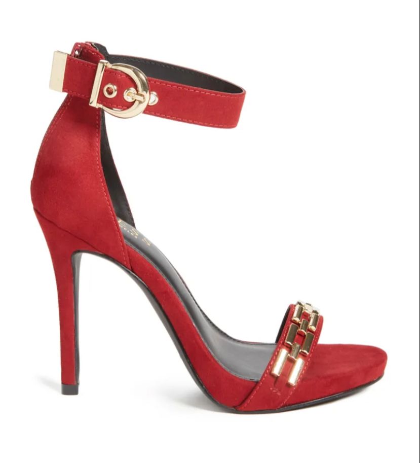 Guess Womens' Suede Red/ Gold Ankle Strap Heels