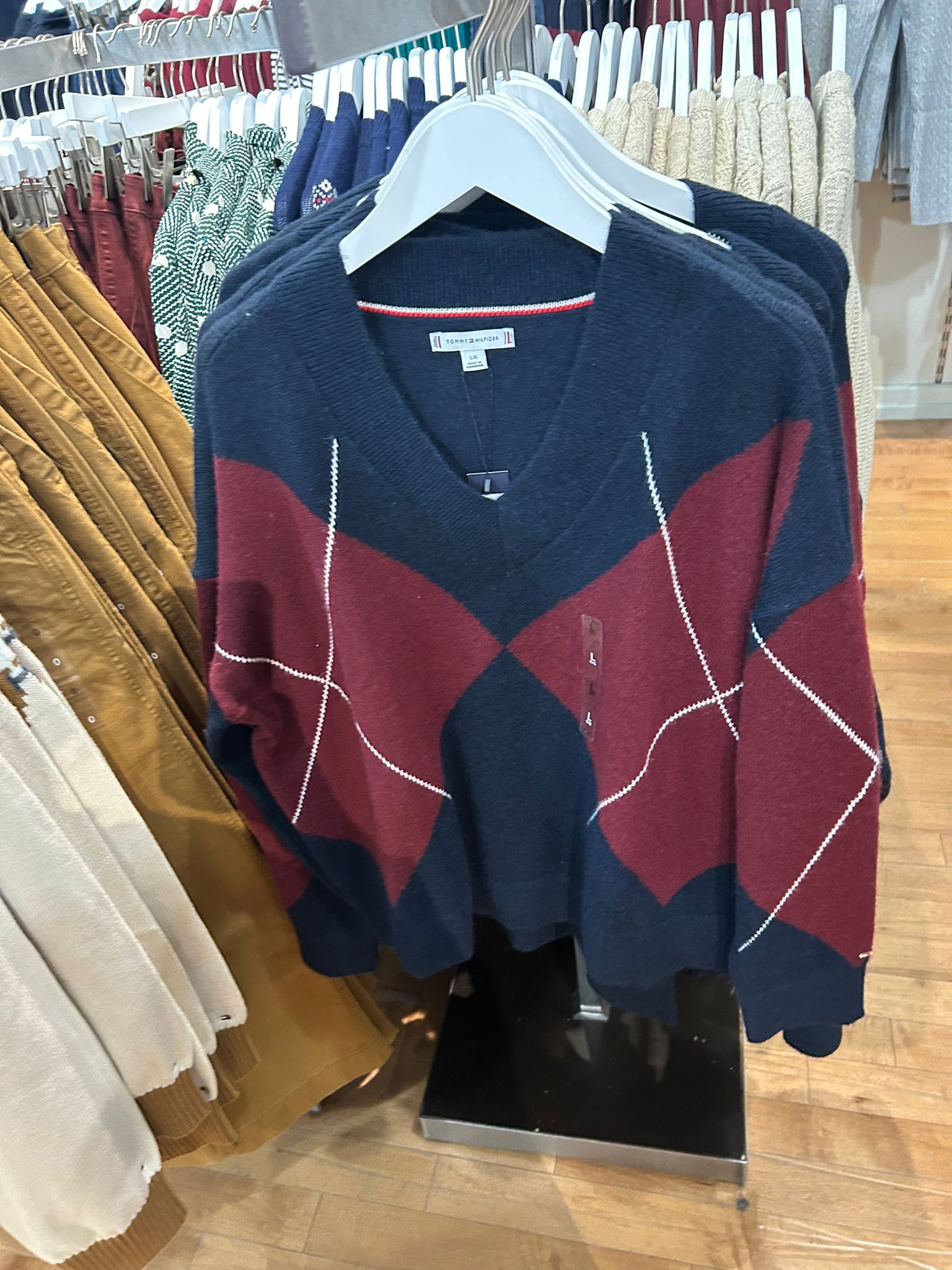 Womens' Tommy Hilfiger Argyle V-Neck Sweater Navy