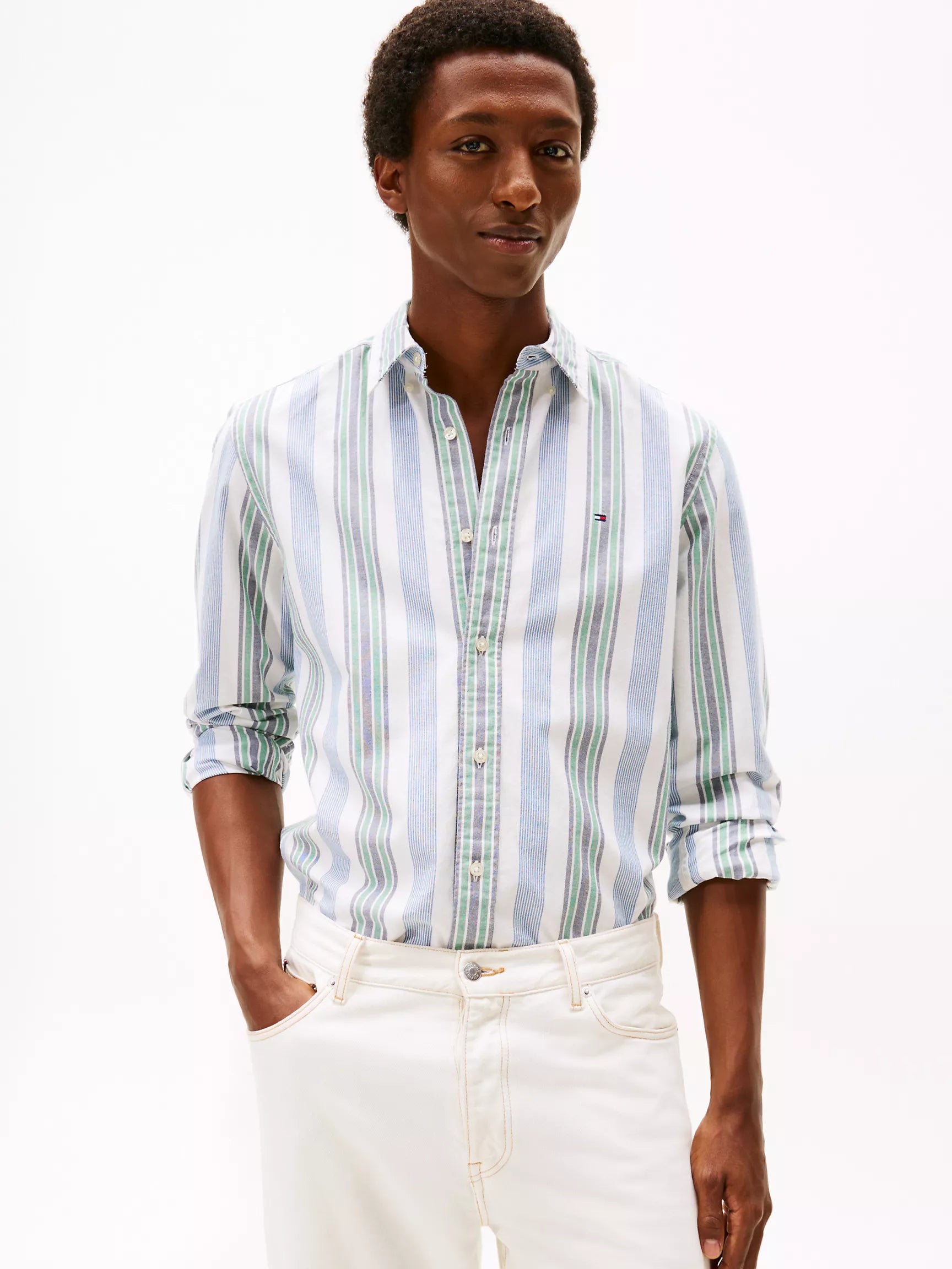 Tommy Mens' Regular Fit Striped Stretch Oxford Shirt/Nouveau Green