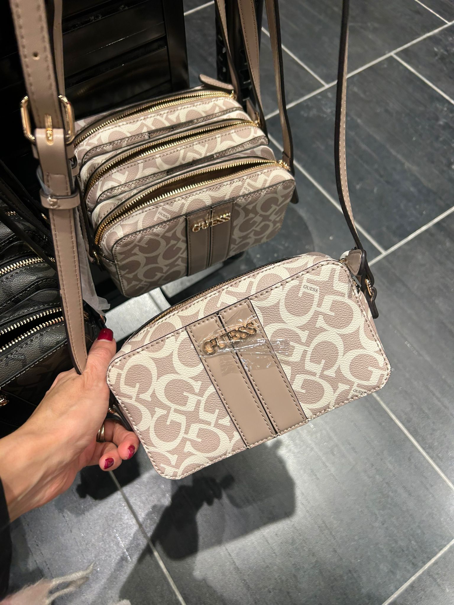 Women's Guess Kyrie Logo Top-Zip Crossbody Beige