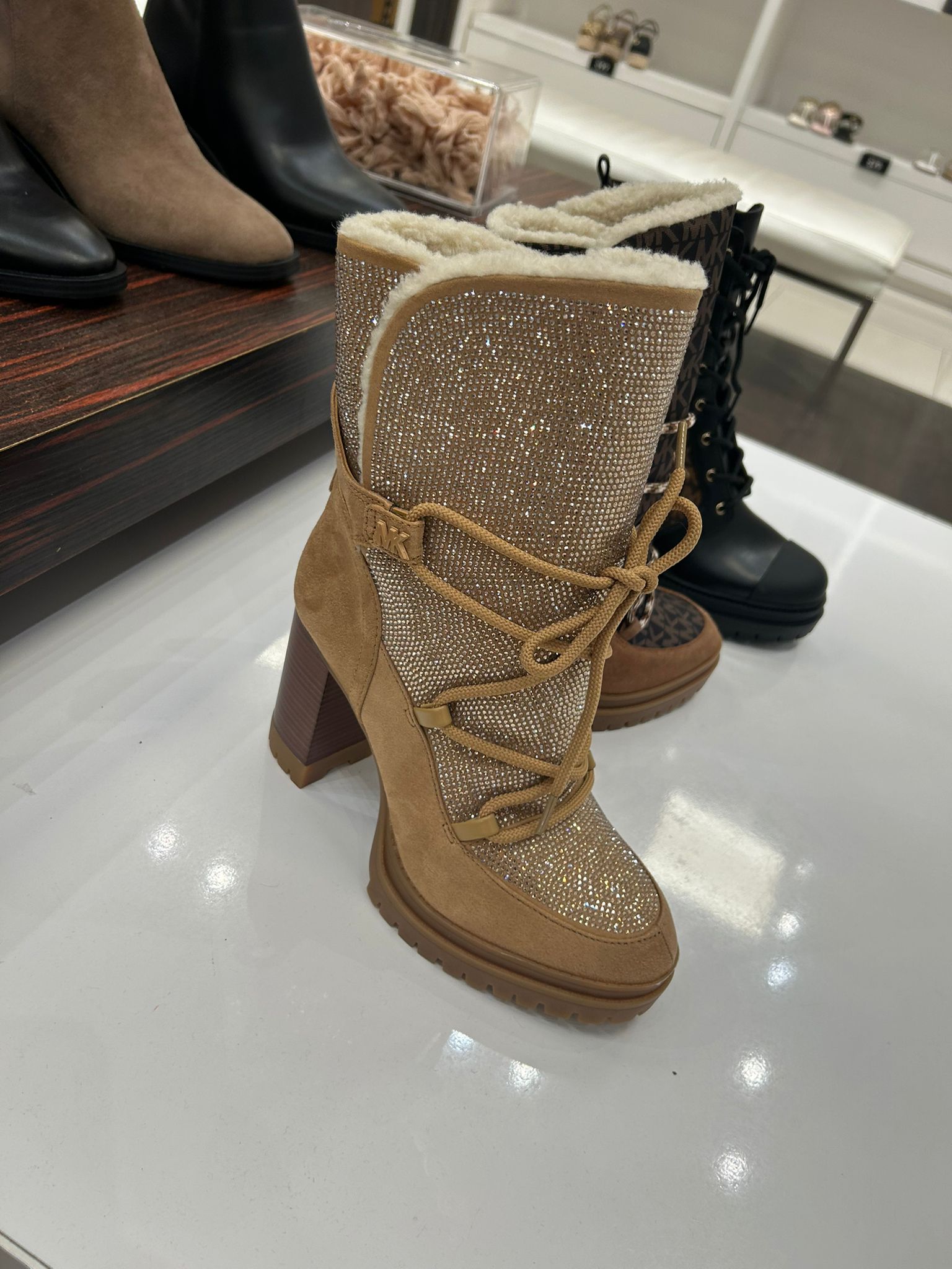 Michael Kors Womens' Culver Embellished Nubuck and Glitter Chain Mesh Lace-Up Boot