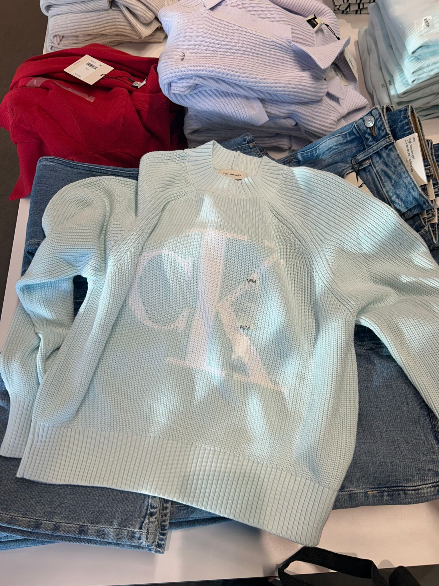 Calvin Klein Womens' Smooth Cotton Monogram Rib Classic Sweater Aqua Breeze