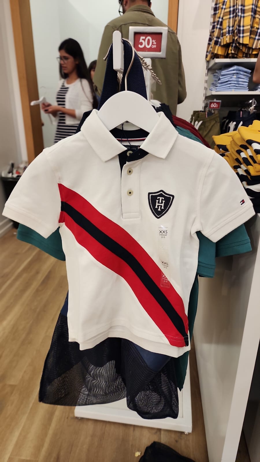 Boys Tommy Banner Stripe Polo Shirt/ White