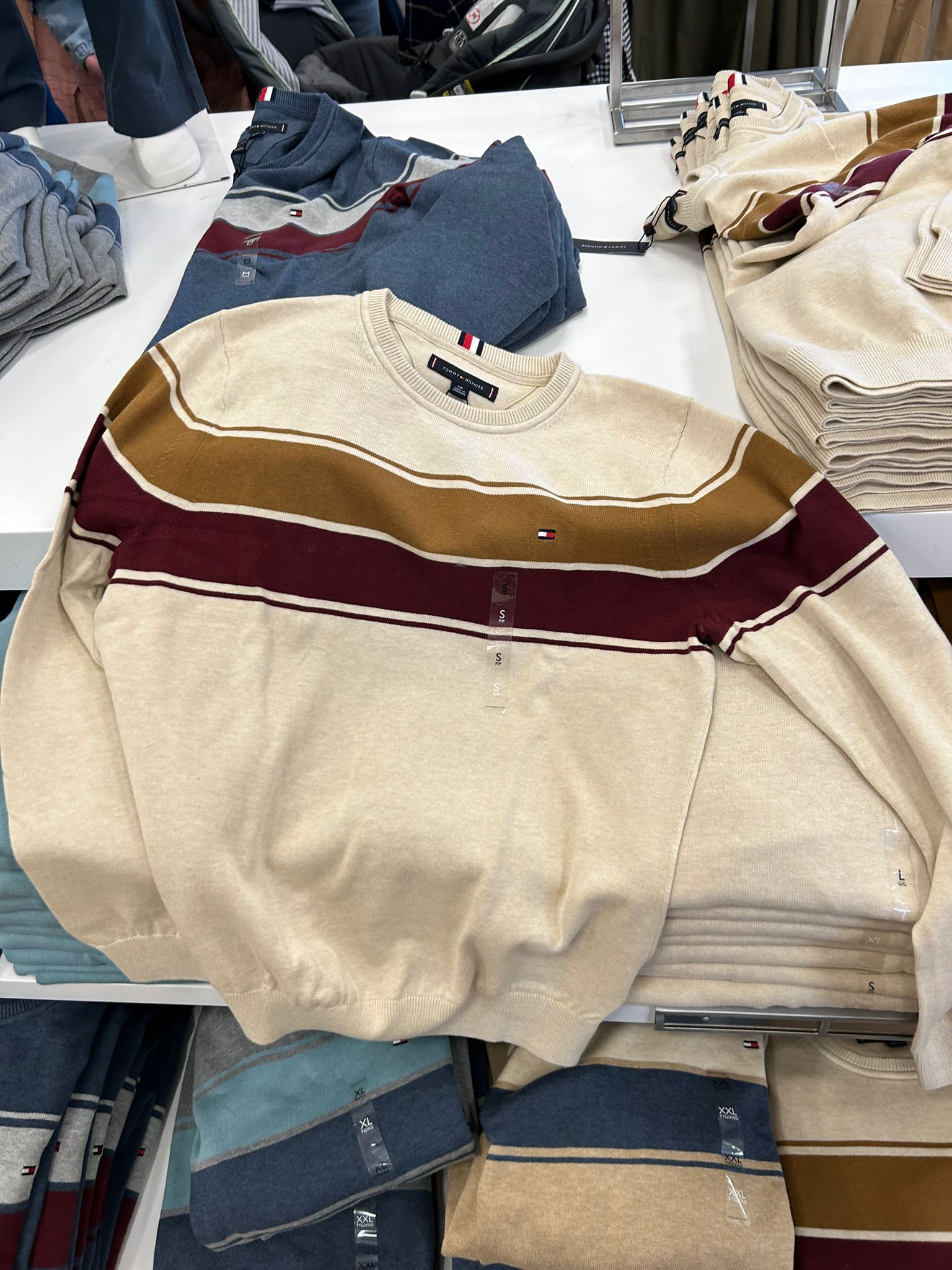 MENS' TOMMY Block-Stripe Crewneck Sweater  /Ivory Heather