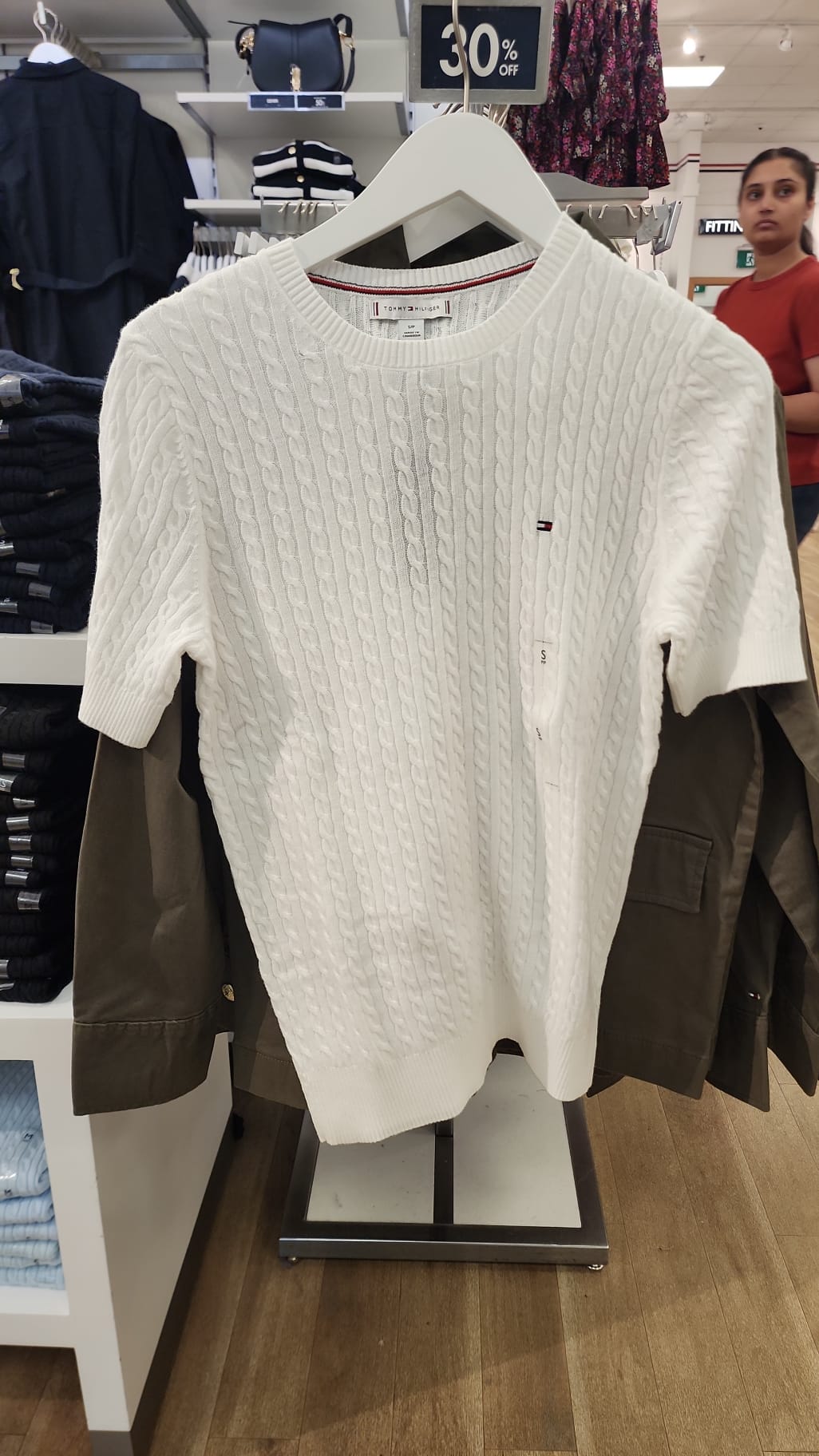 Tommy Womens' Short-Sleeve Cable Knit Sweater Ecru