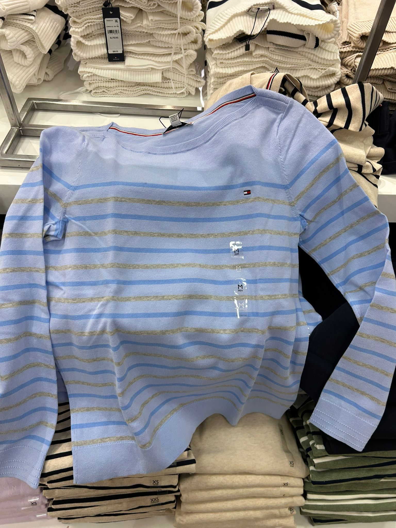 Womens' Tommy Multi-Stripe Boatneck Sweater Light Blue Multi