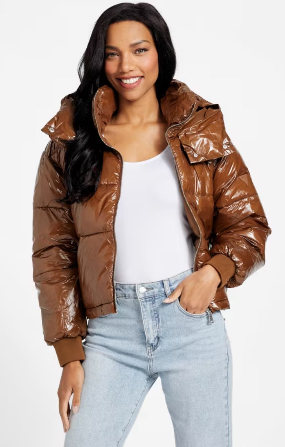 Women Guess Malina Nylon Puffer Jacket -Brown