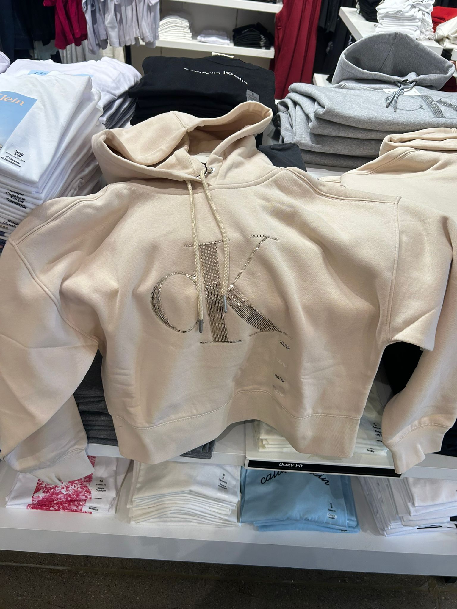 Womens' Calvin Klein Fleece Sequin Monogram Relaxed Hoodie Tuscan Beige