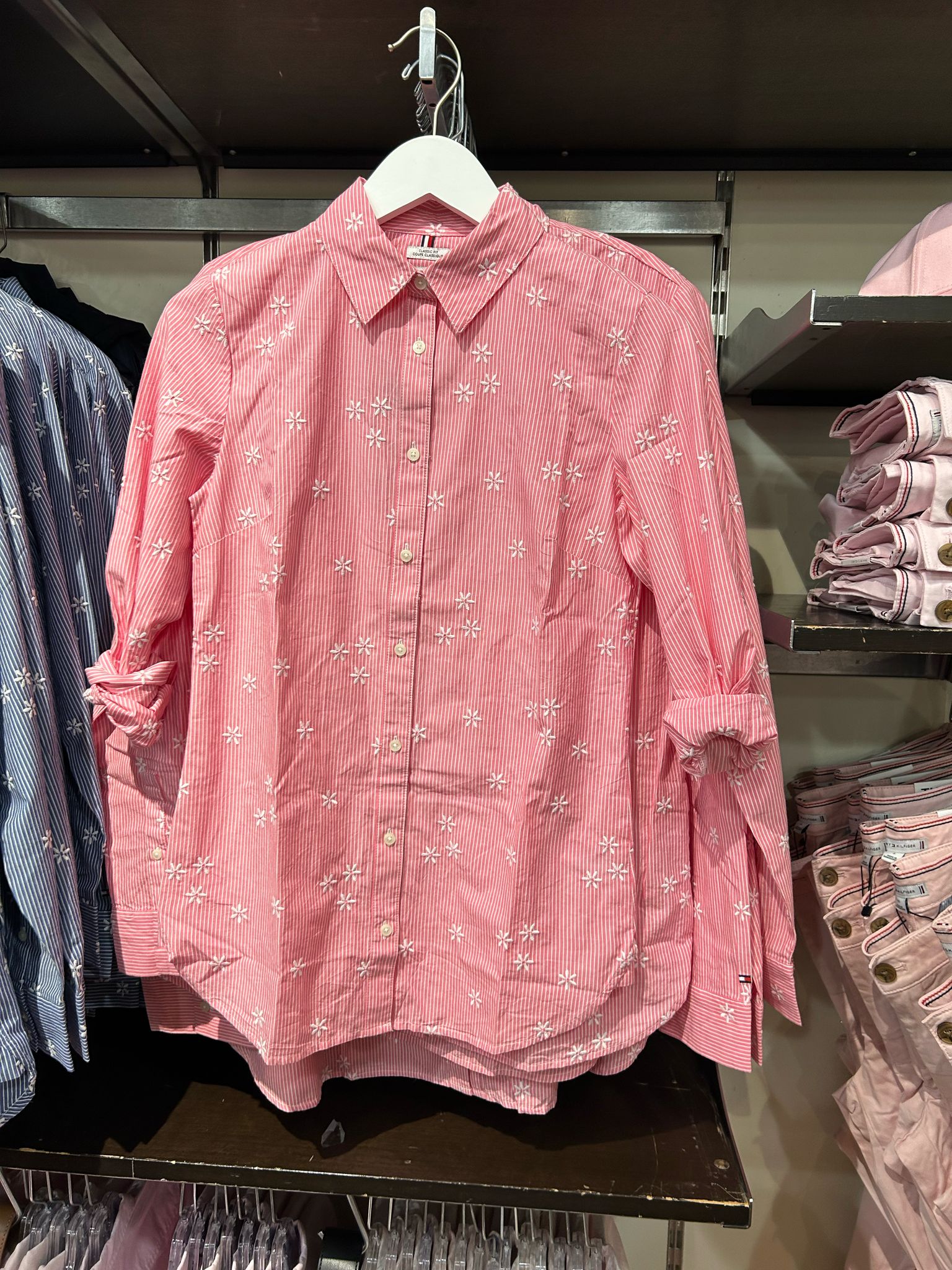 Women Tommy Embroidered Flower Stripe Shirt/ Pink