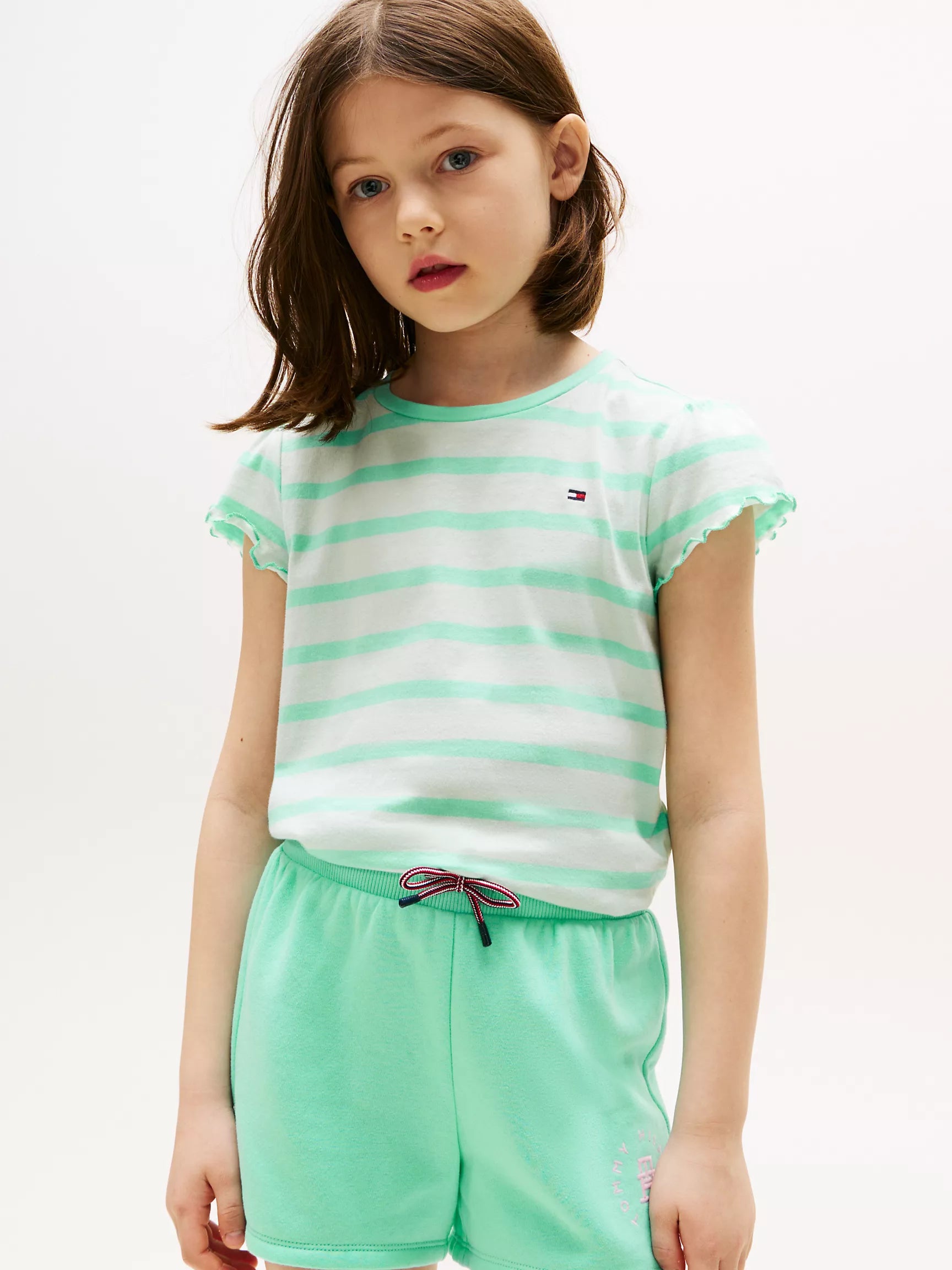 Tommy Hilfiger Girls Stripe Ruffle-Sleeve T-Shirt/ Miami Aqua