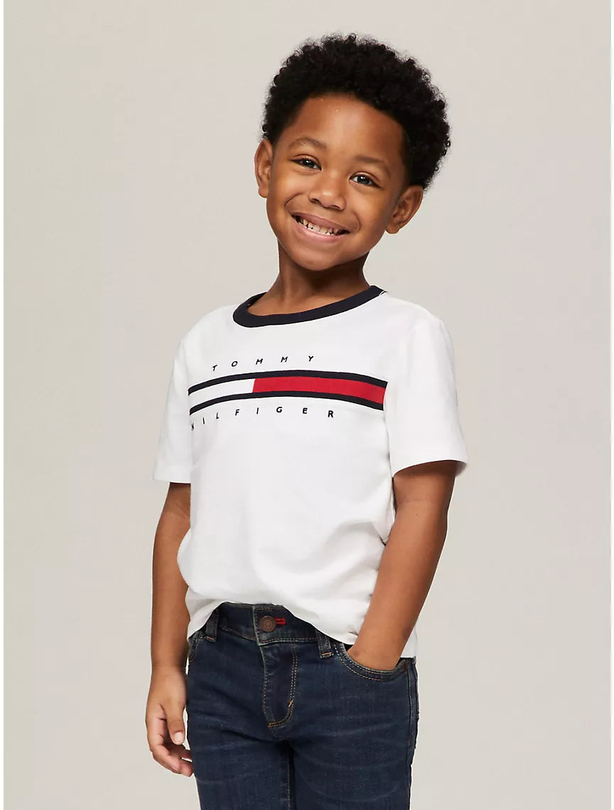 Tommy Hilfiger Kids' Flag Stripe Logo Ringer T-Shirt - Optic White