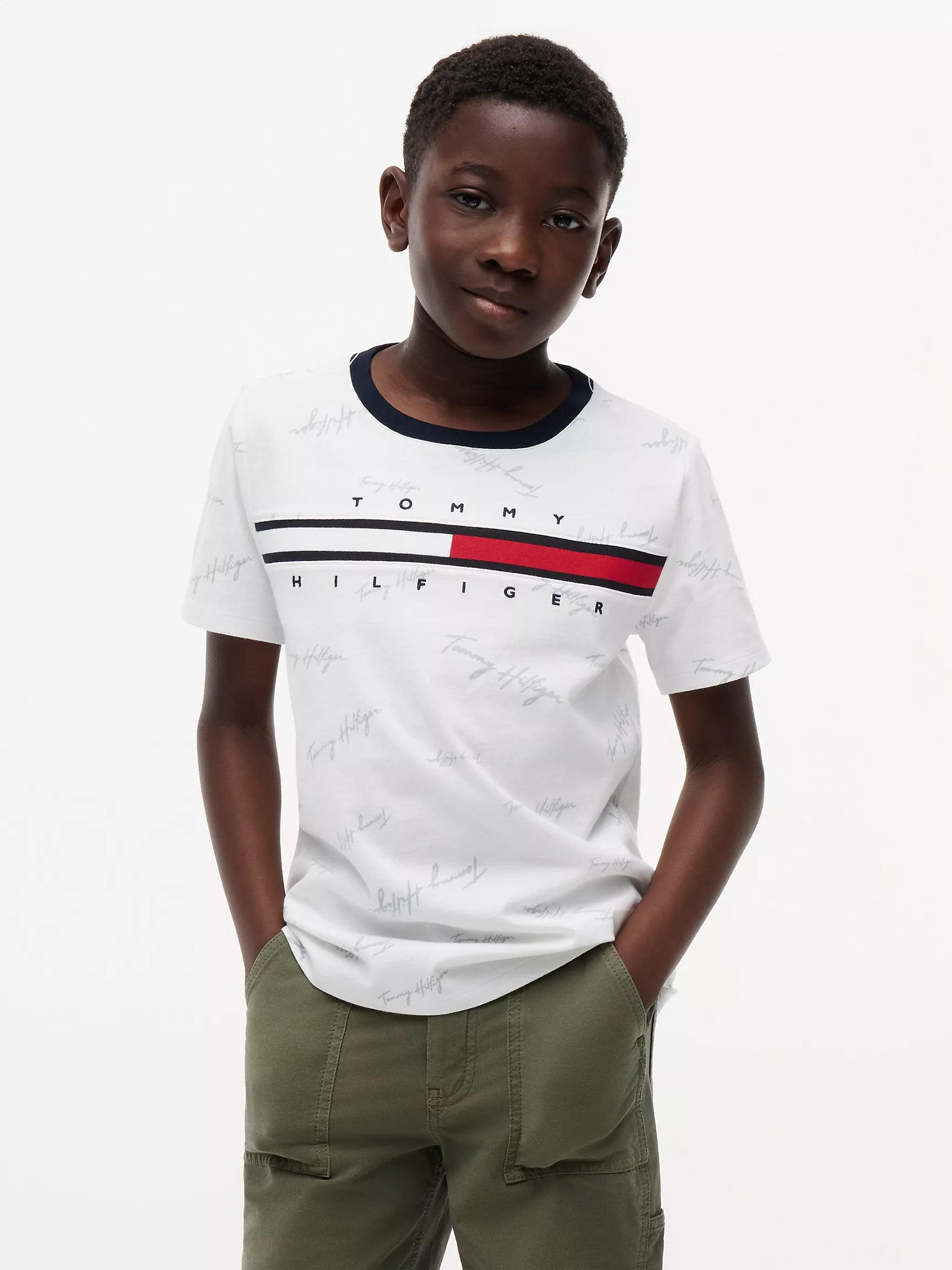 Tommy Hilfiger Kids' Signature Flag Stripe Logo T-Shirt- Optic White