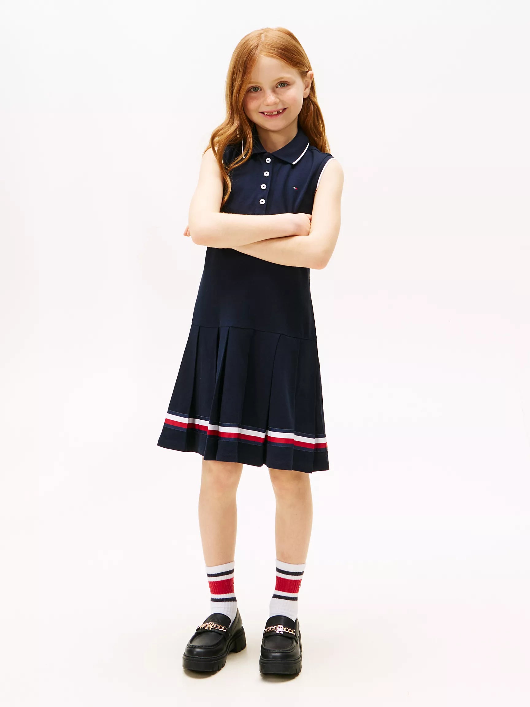 Girls' Tommy Sleeveless Pleated Polo Dress/ Navy