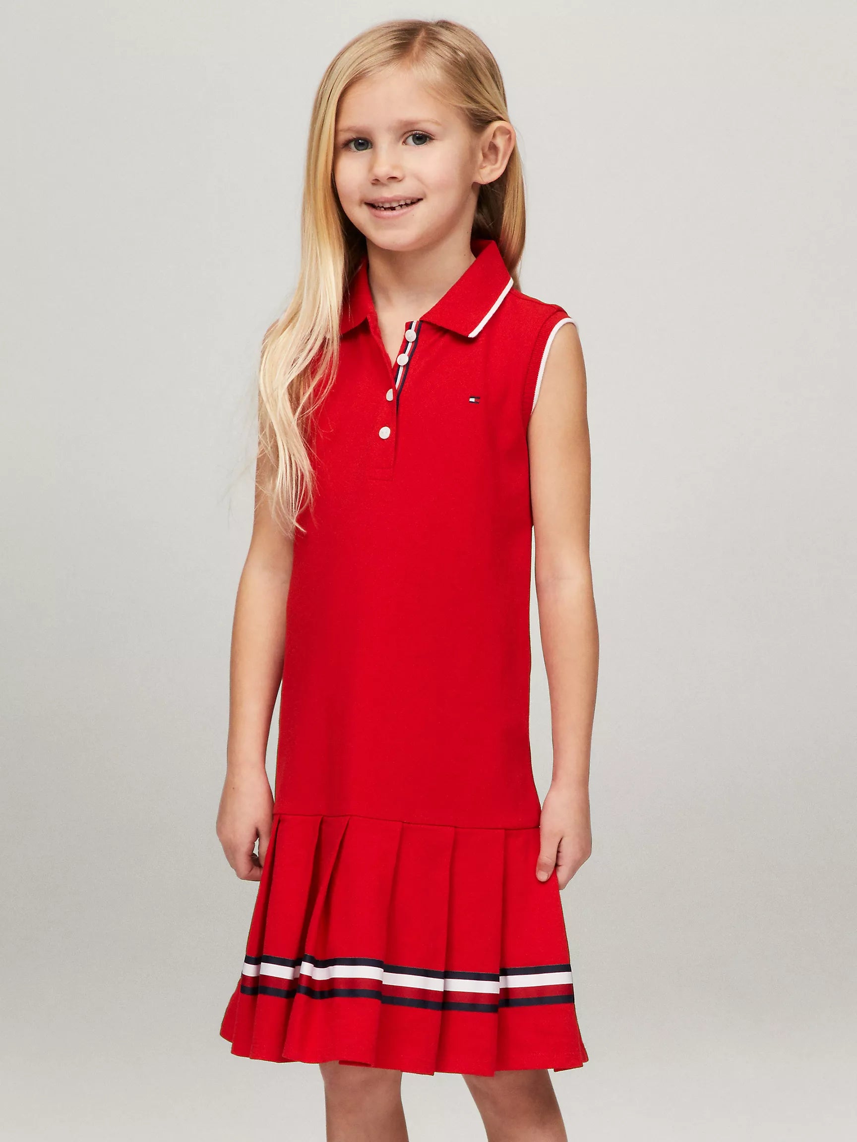 Tommy Girls Sleeveless Pleated Polo Dress/ RED