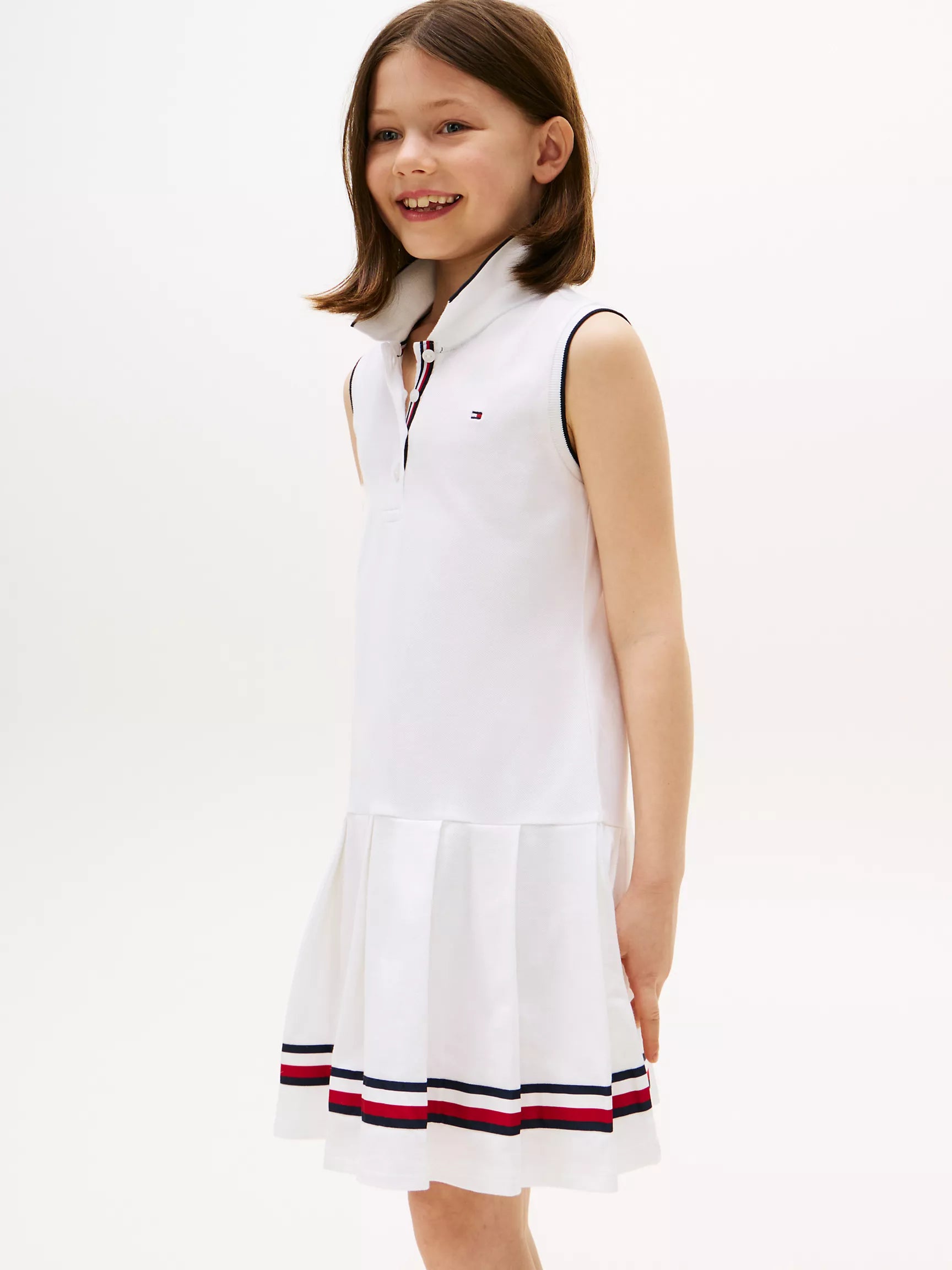 Tommy Girls Sleeveless Pleated Polo Dress/ White