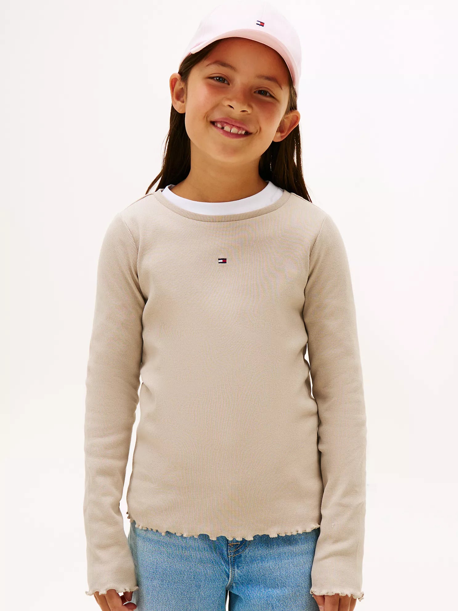 TOMMY Girls Long-Sleeve Scoop-Trim Ribbed Top Stone