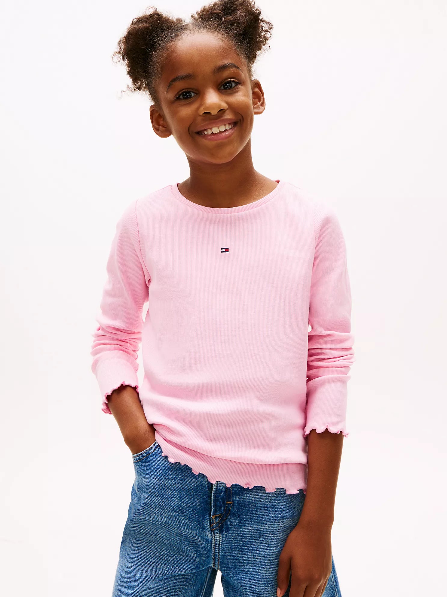 TOMMY Girls Long-Sleeve Scoop-Trim Ribbed Top Classic Pink