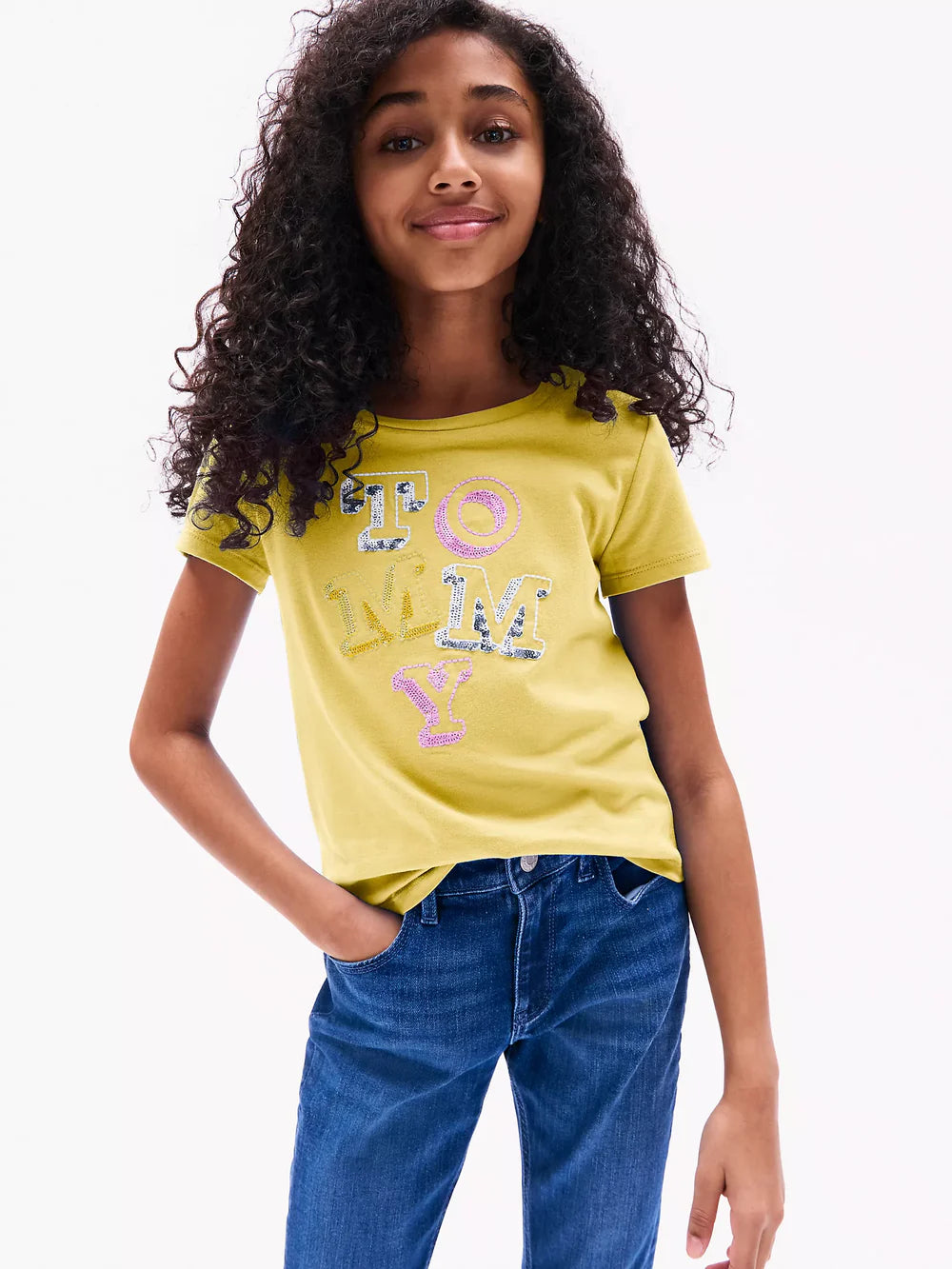 Girls' Tommy Sequin Tommy Logo T-Shirt / yellow