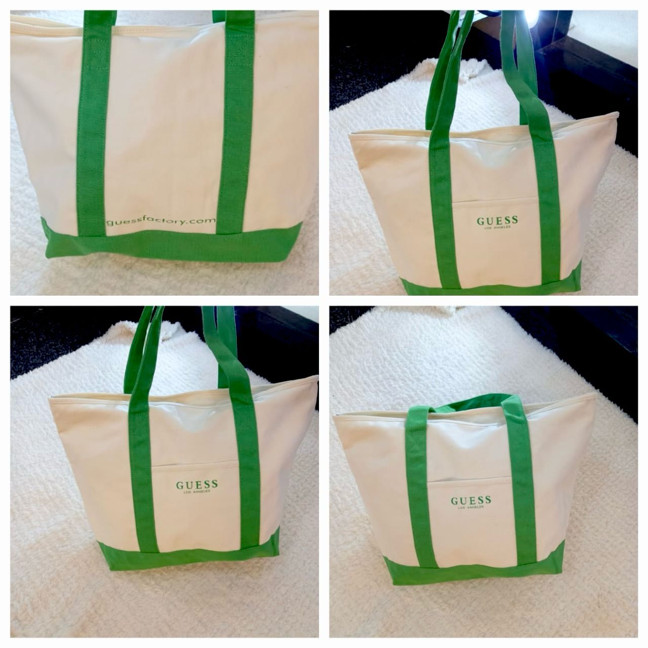 GUESS Green Logo Large Canvas Tote Bag Shopper Handbag Purse Gym Bag