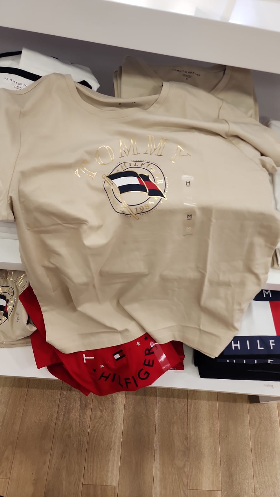 Tommy Womens' Embroidered Wavy Flag Logo T-Shirt- BEIGE