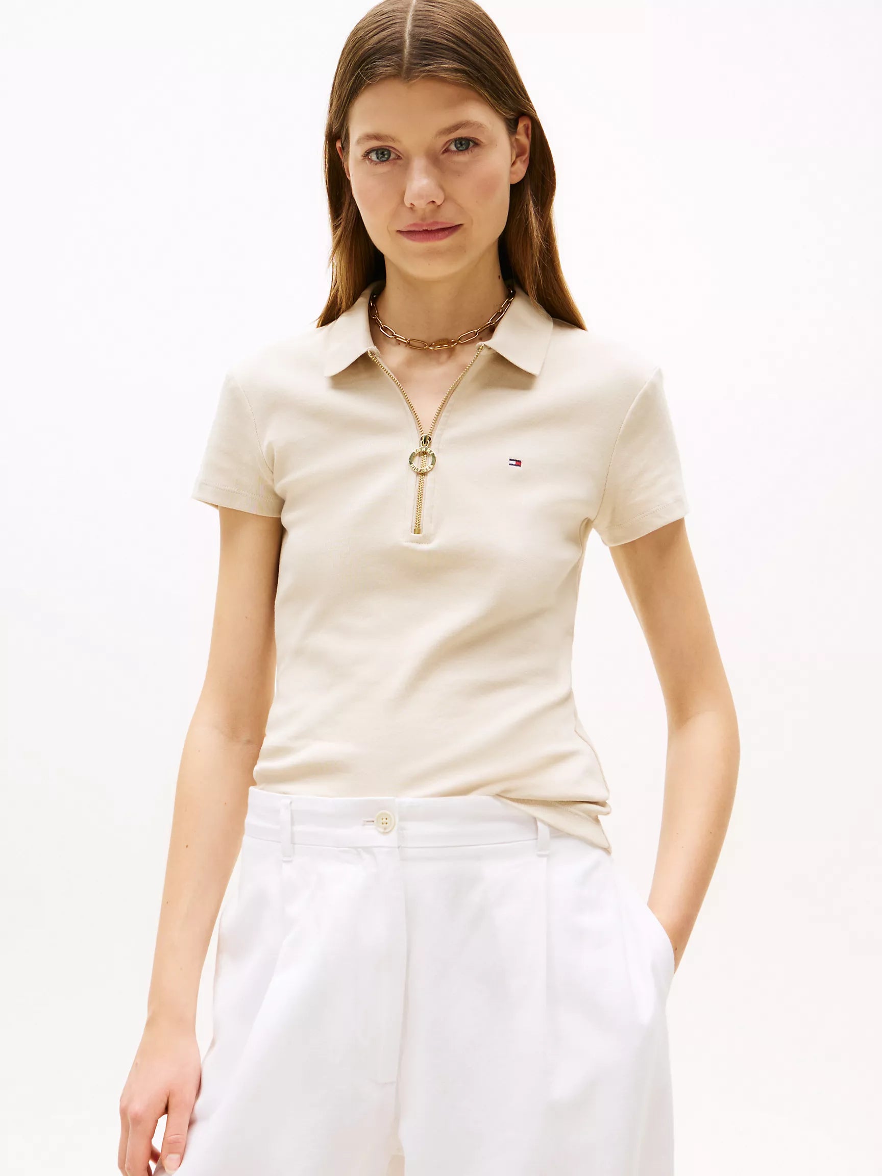 TOMMY WOMENS' Slim Fit Zip Polo /Classic Beige