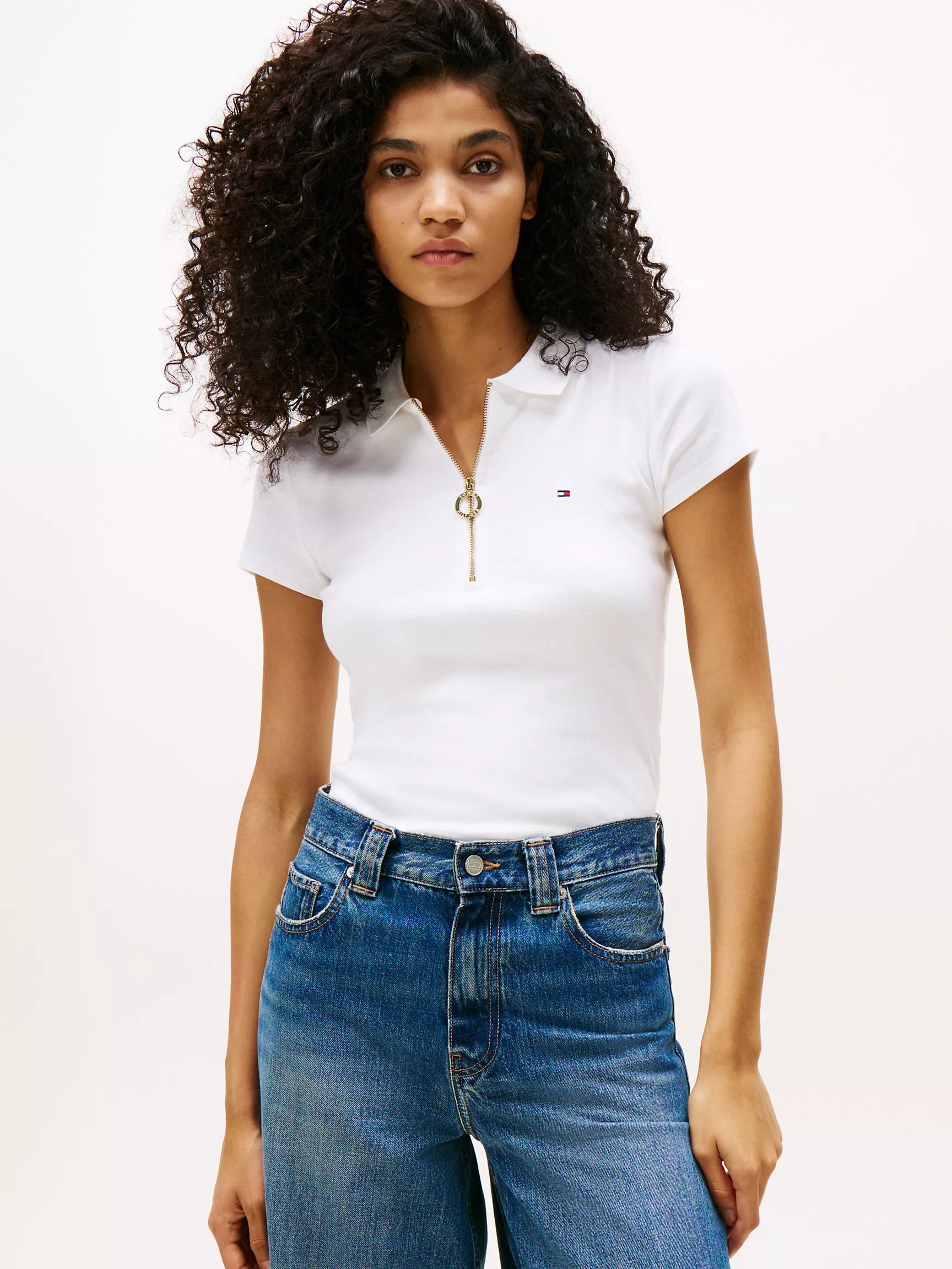 Tommy Womens' Slim Fit Zip Polo/ Optic White