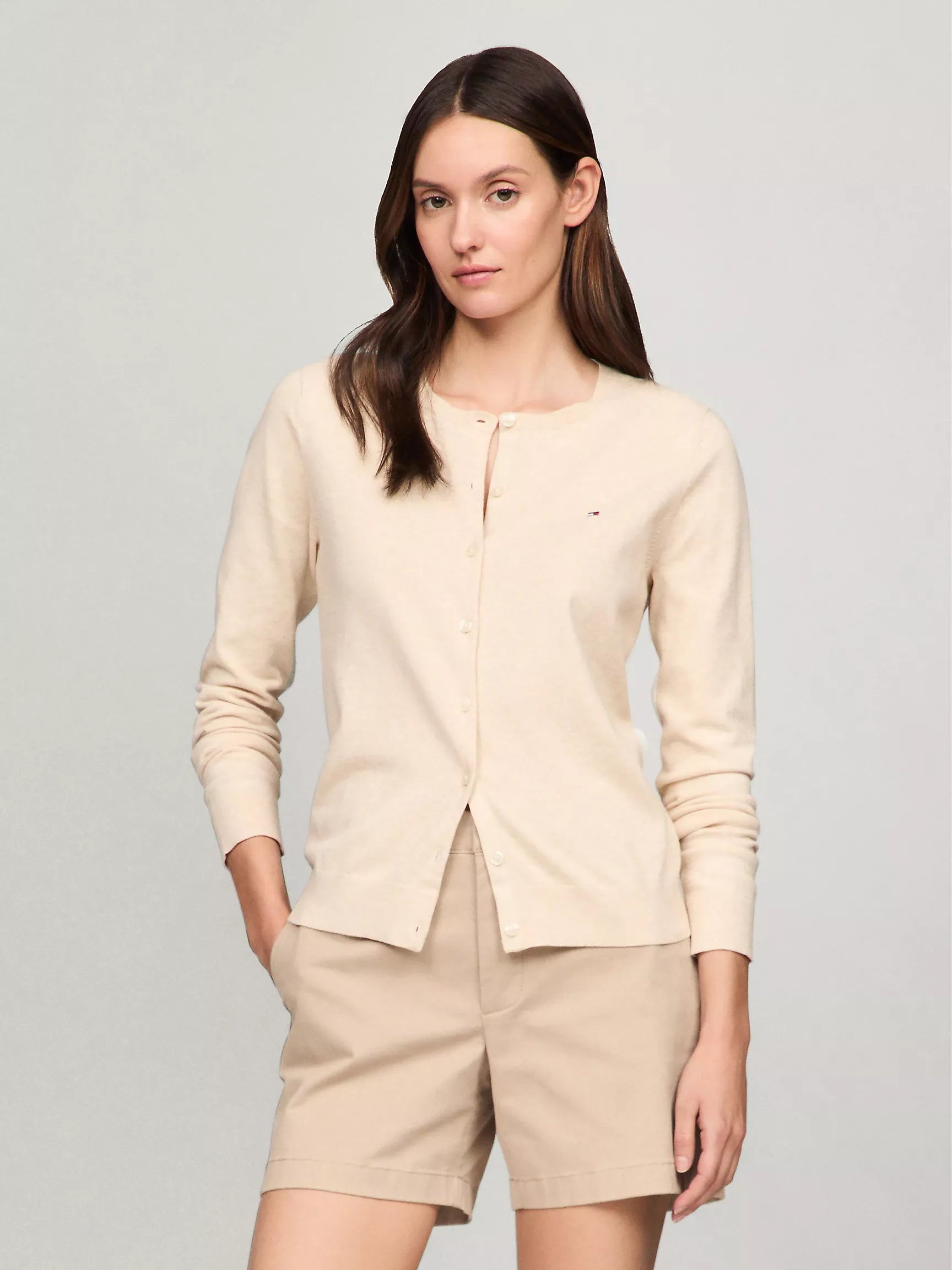 Womens' Tommy Solid Button-Up Cotton Blend Cardigan