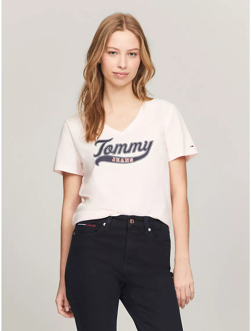 Tommy Jeans Tommy Logo V-Neck T-Shirt - Pink Dream