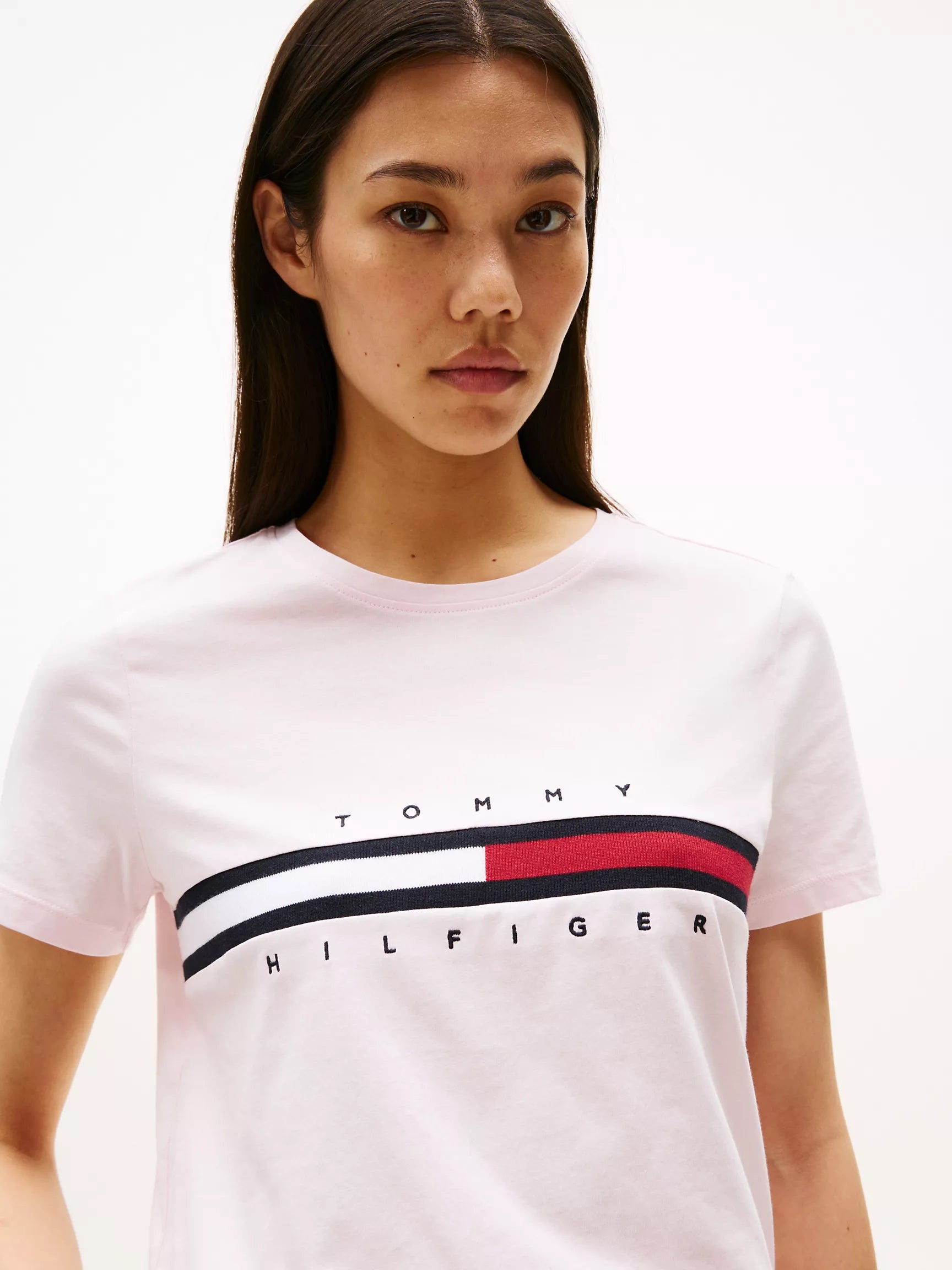 Womens' Embroidered Flag Stripe Logo T-Shirt/Light Pink